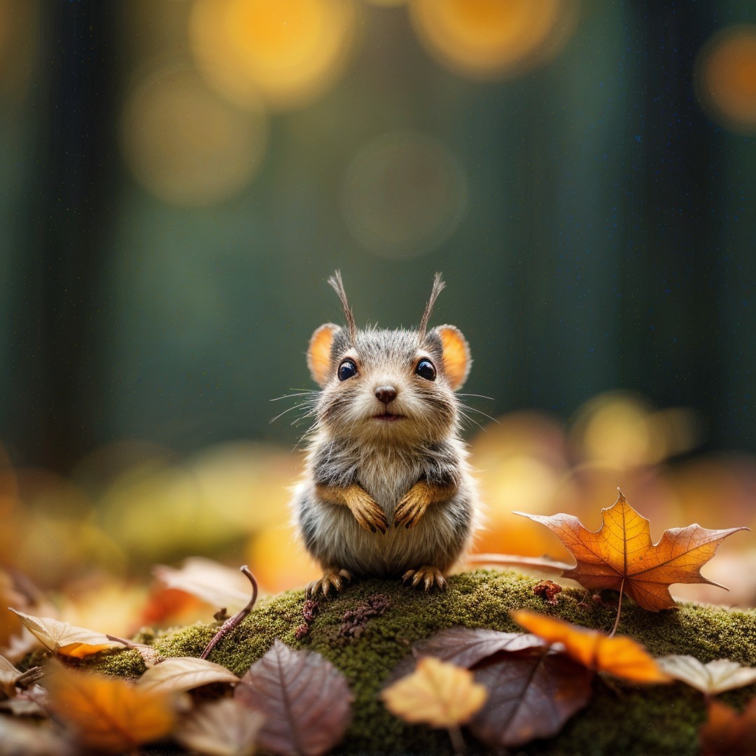 Adorable creature on moss with autumn leaves backdrop