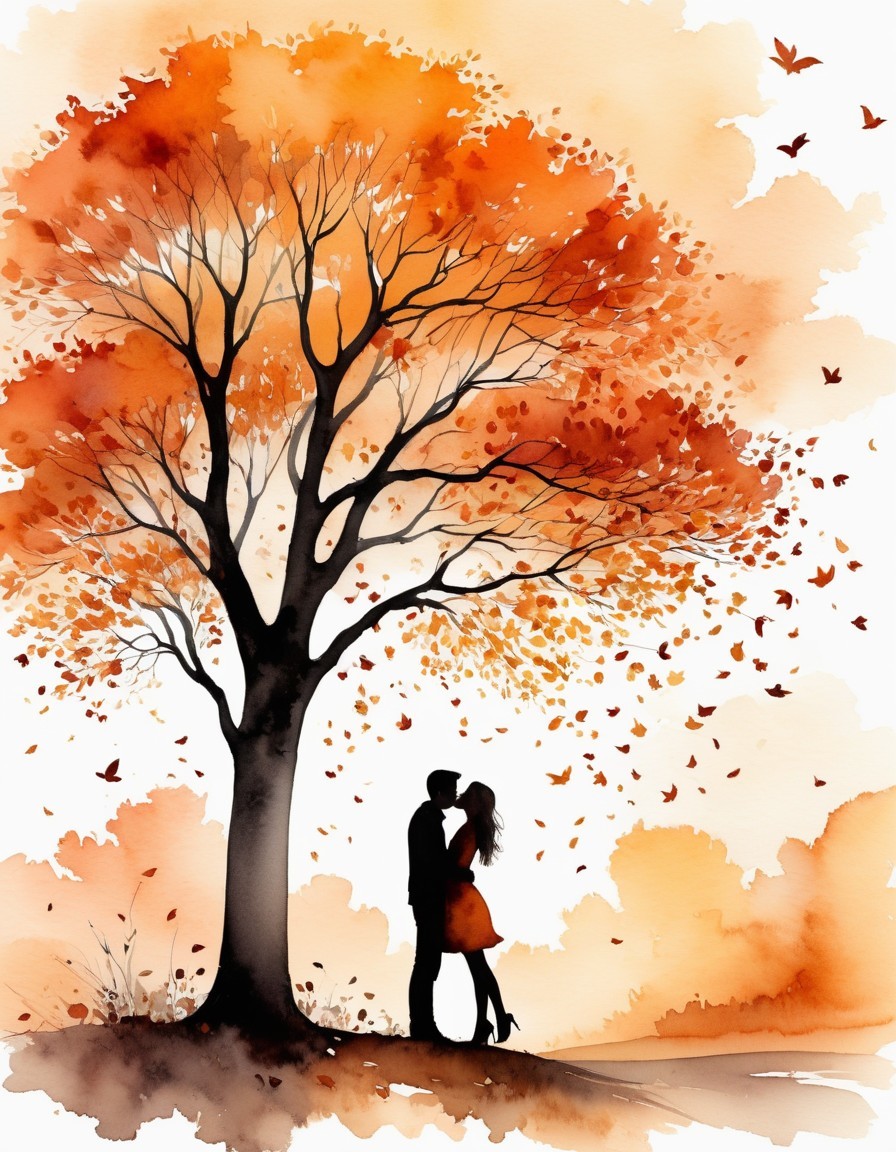 Couple Embracing Under Autumn Tree in Watercolor
