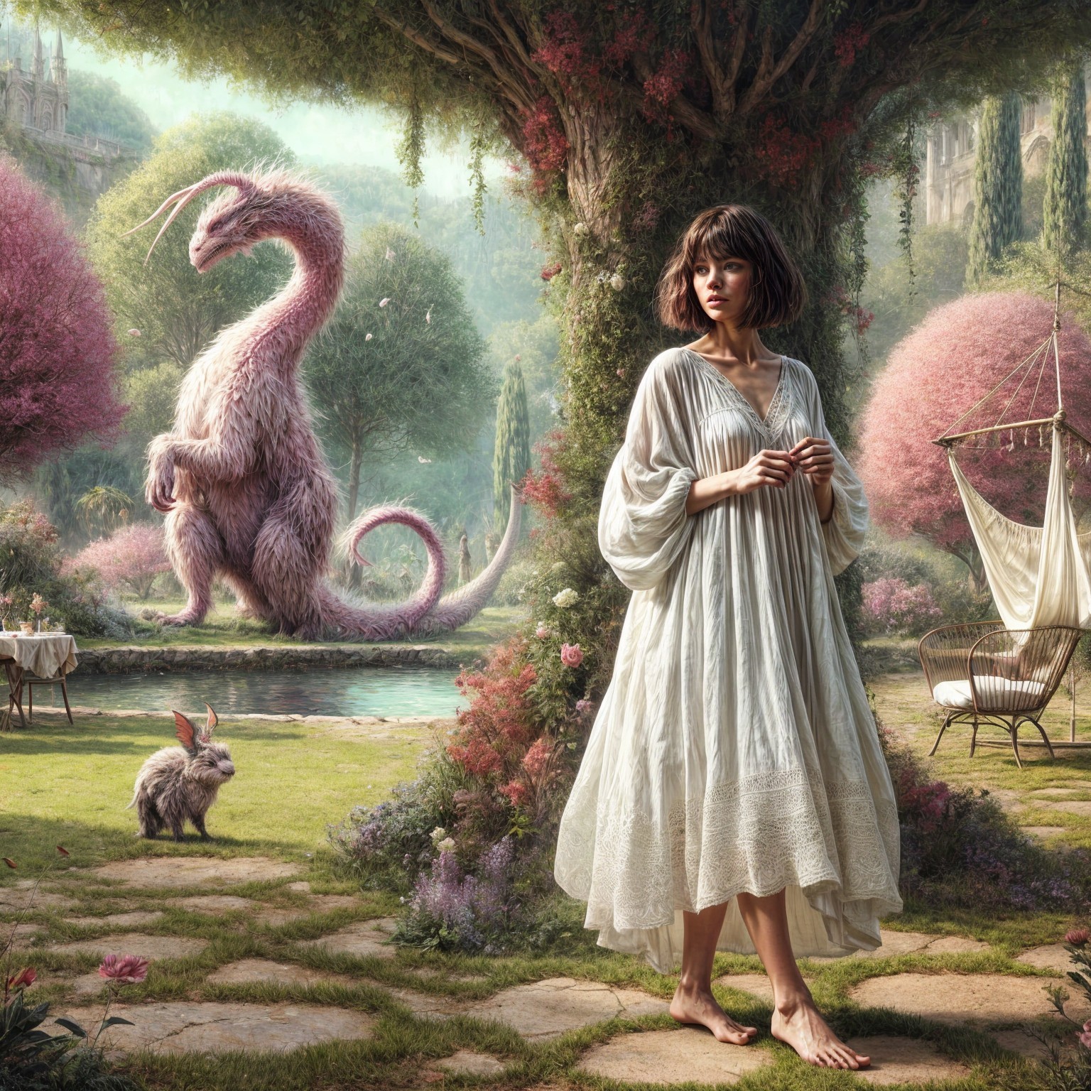 Enchanted garden with a woman and whimsical creature