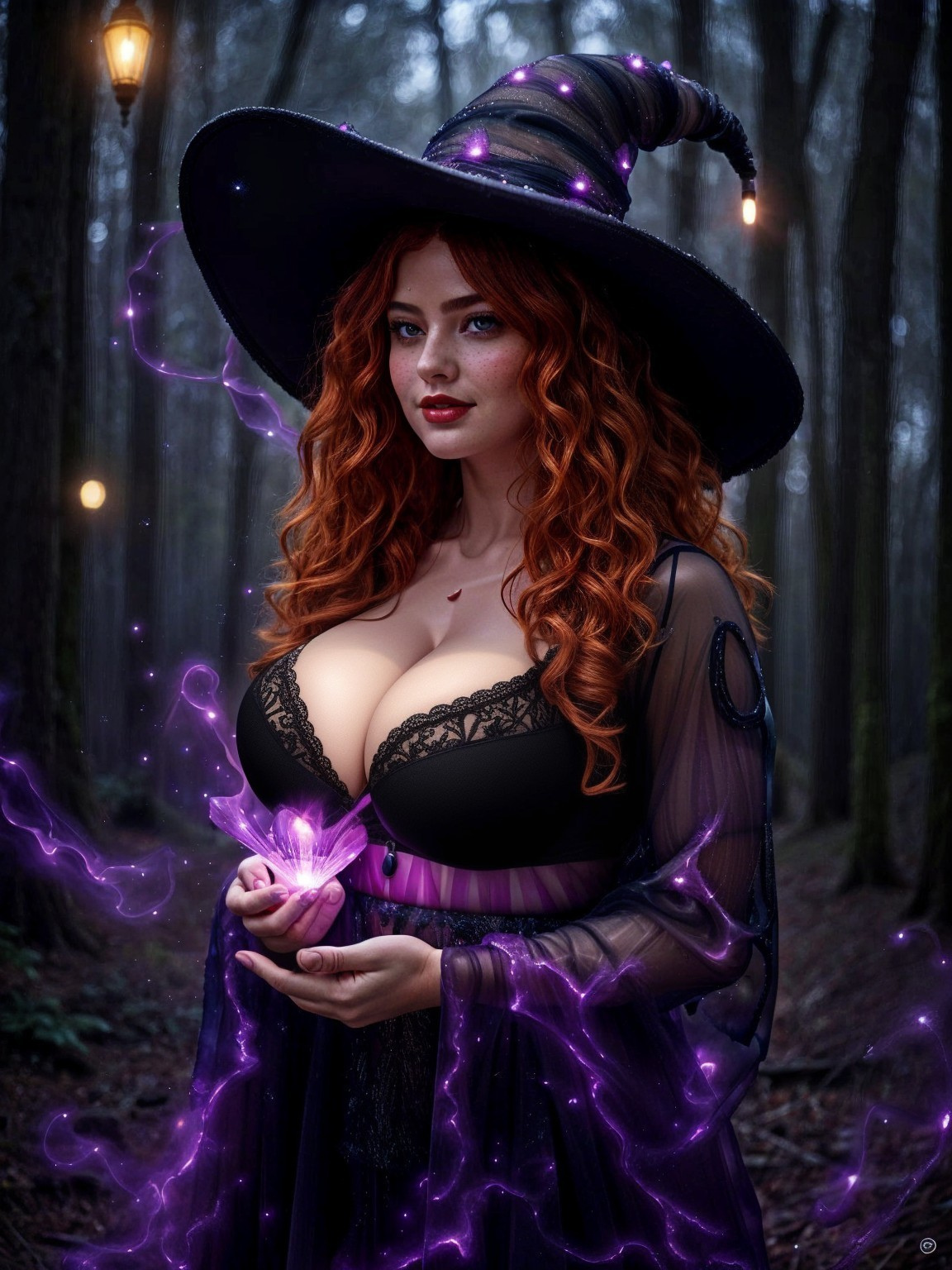 Witch in Black Gown Holding Glowing Violet Flower