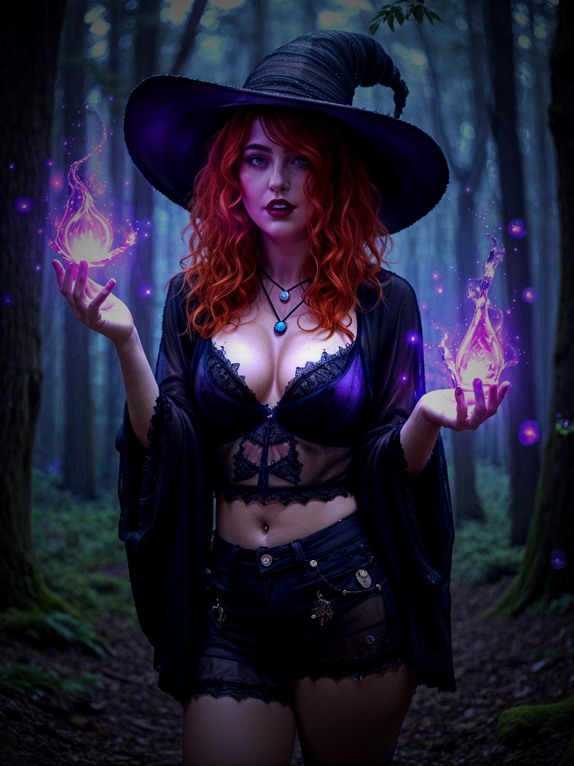 Witch in Mystical Forest with Glowing Purple Orbs
