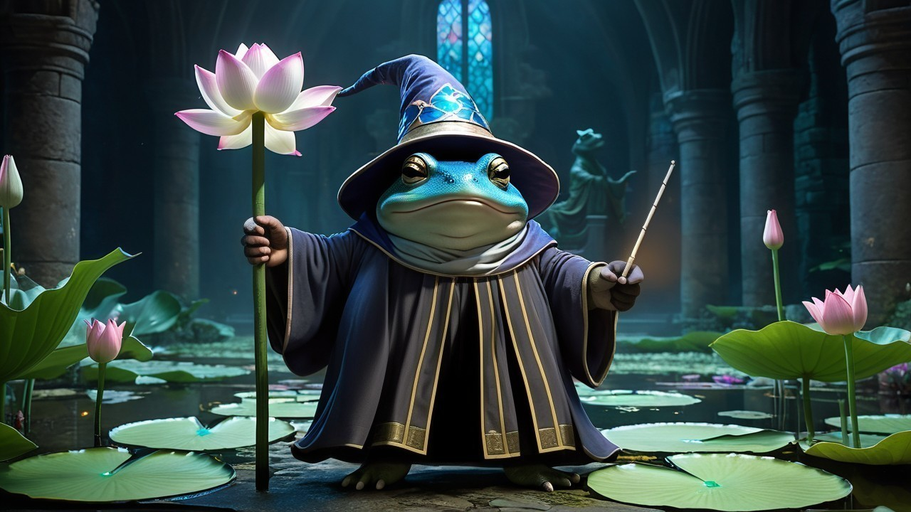 Whimsical Wizard in Serene Lotus Pond Setting