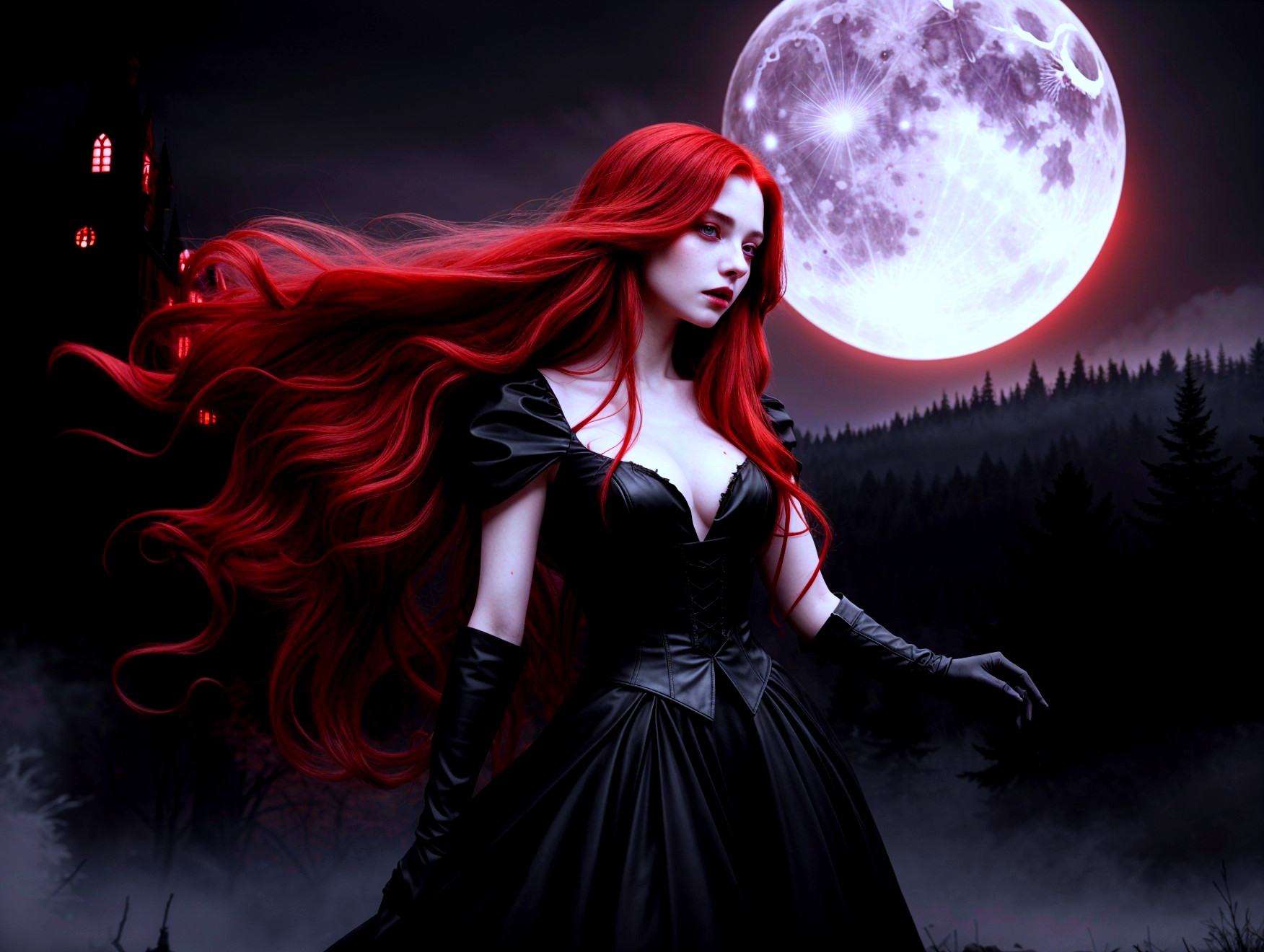 Gothic figure in black dress under glowing moonlight