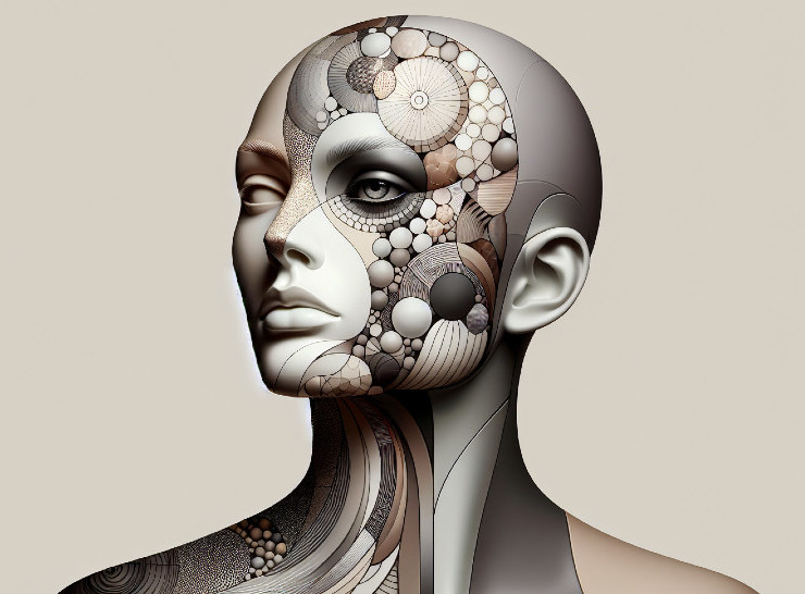 Stylized Human Head with Geometric Patterns and Shapes