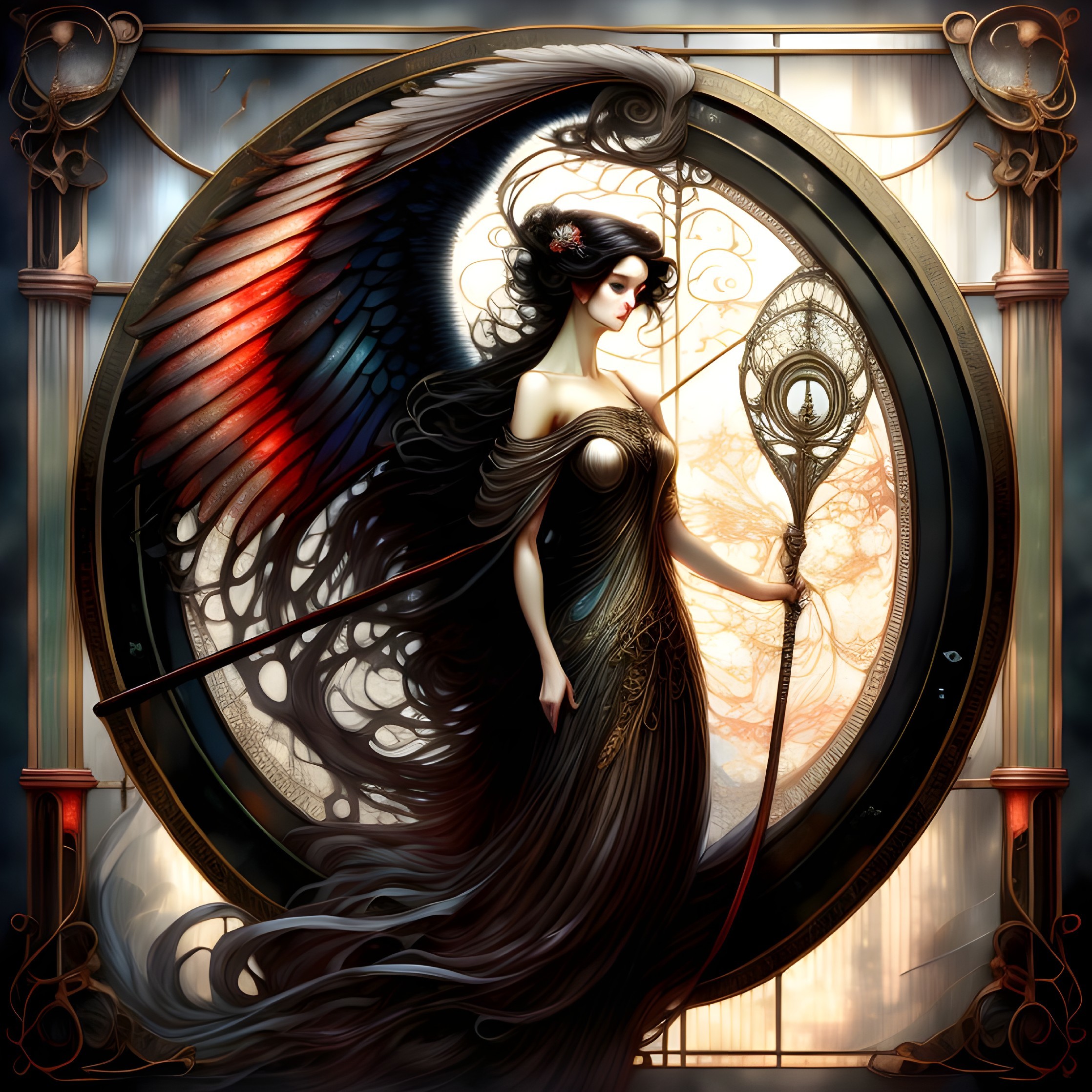 Majestic figure in dark gown with vibrant wings