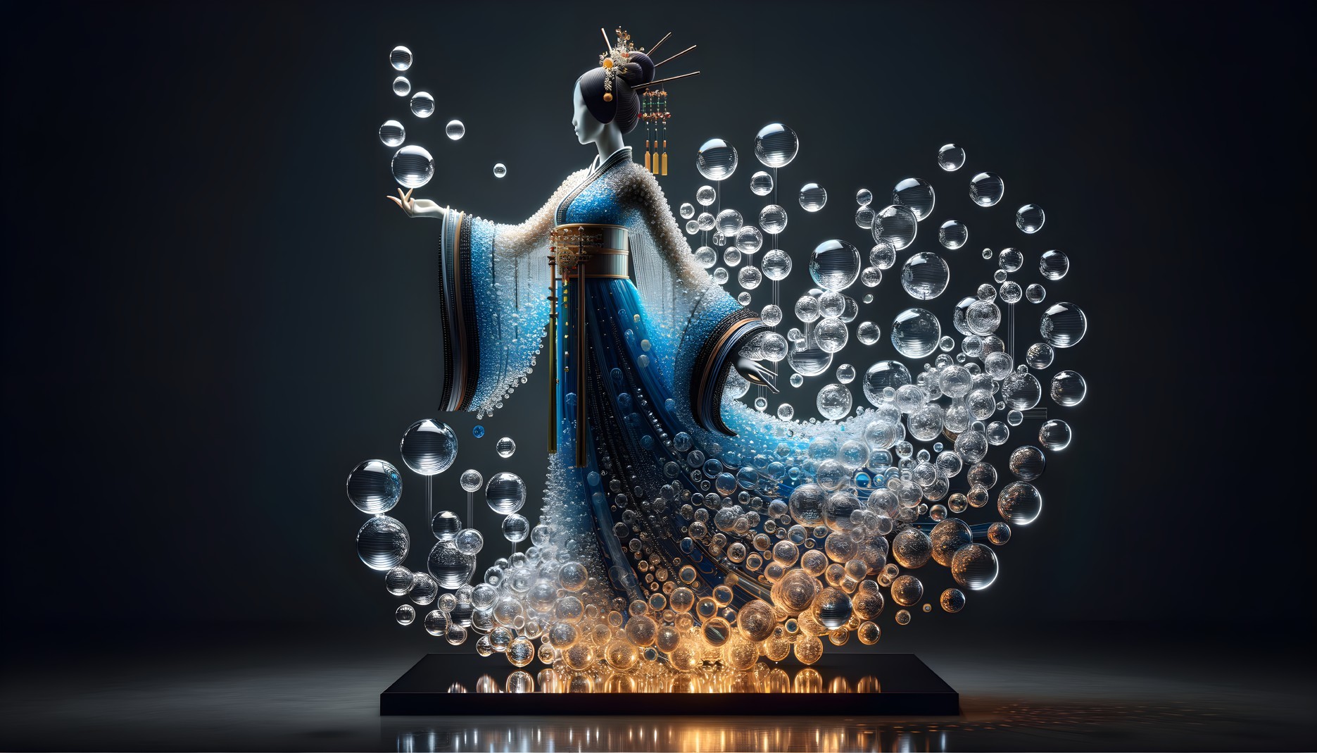 Graceful Figure in Blue and White Kimono with Bubbles