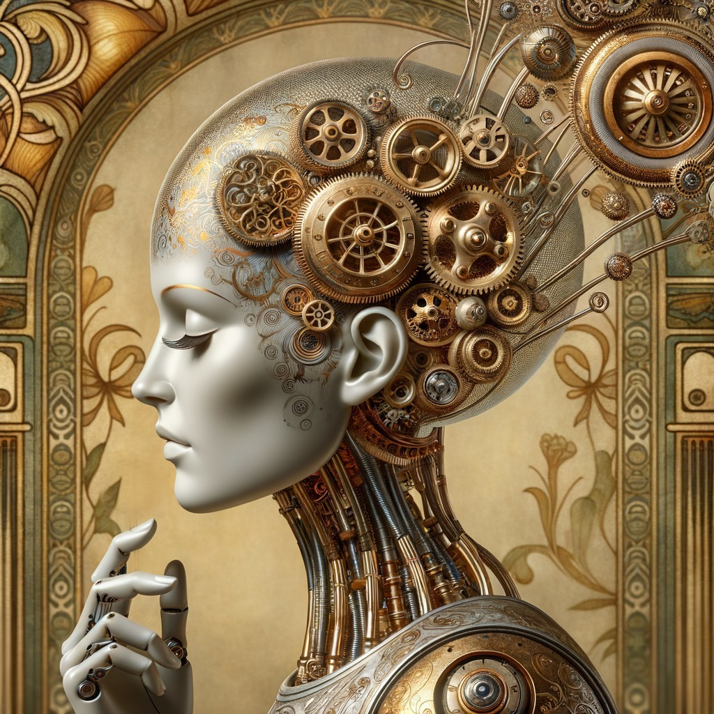 Futuristic humanoid figure with steampunk elements