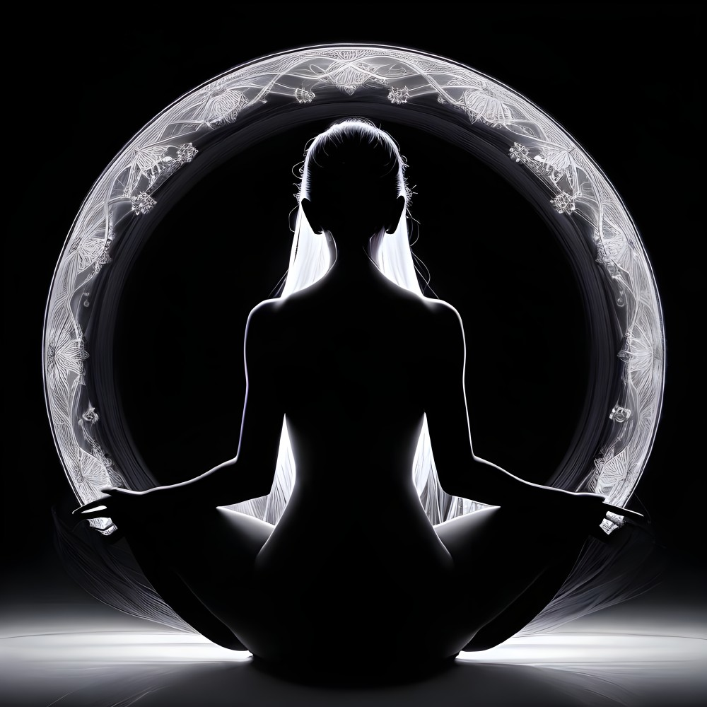 Silhouetted Figure in Meditative Pose with Glow Pattern