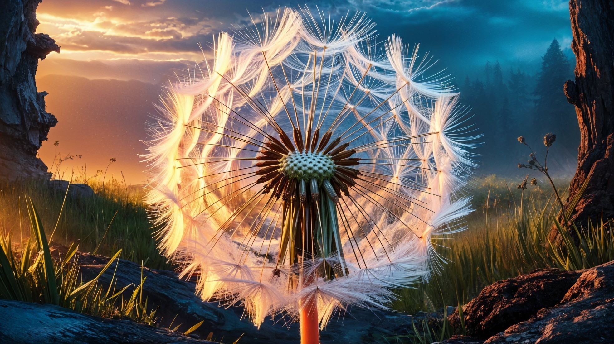 Dandelion Puff Against a Sunset Background