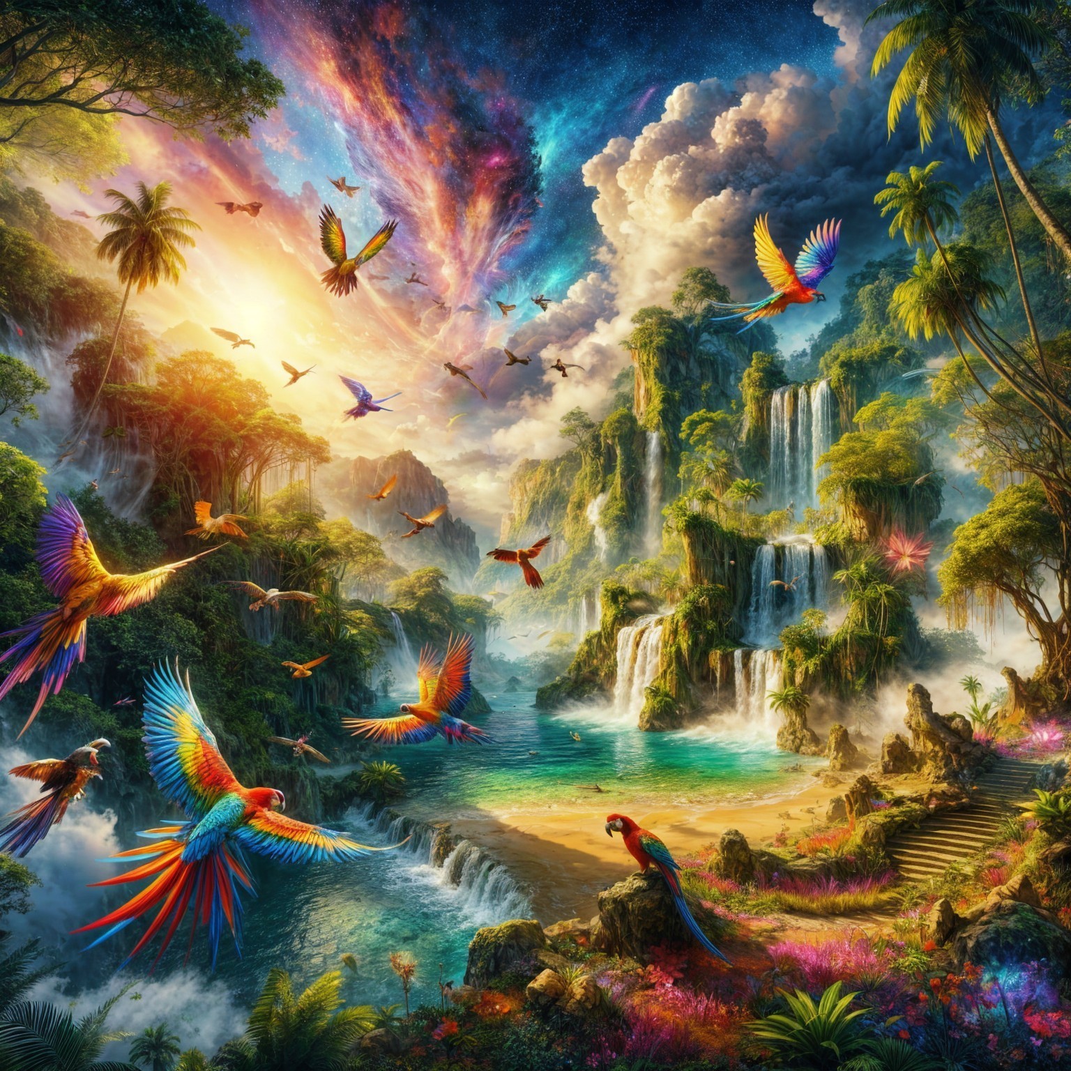Tropical Paradise with Waterfalls and Vibrant Nature