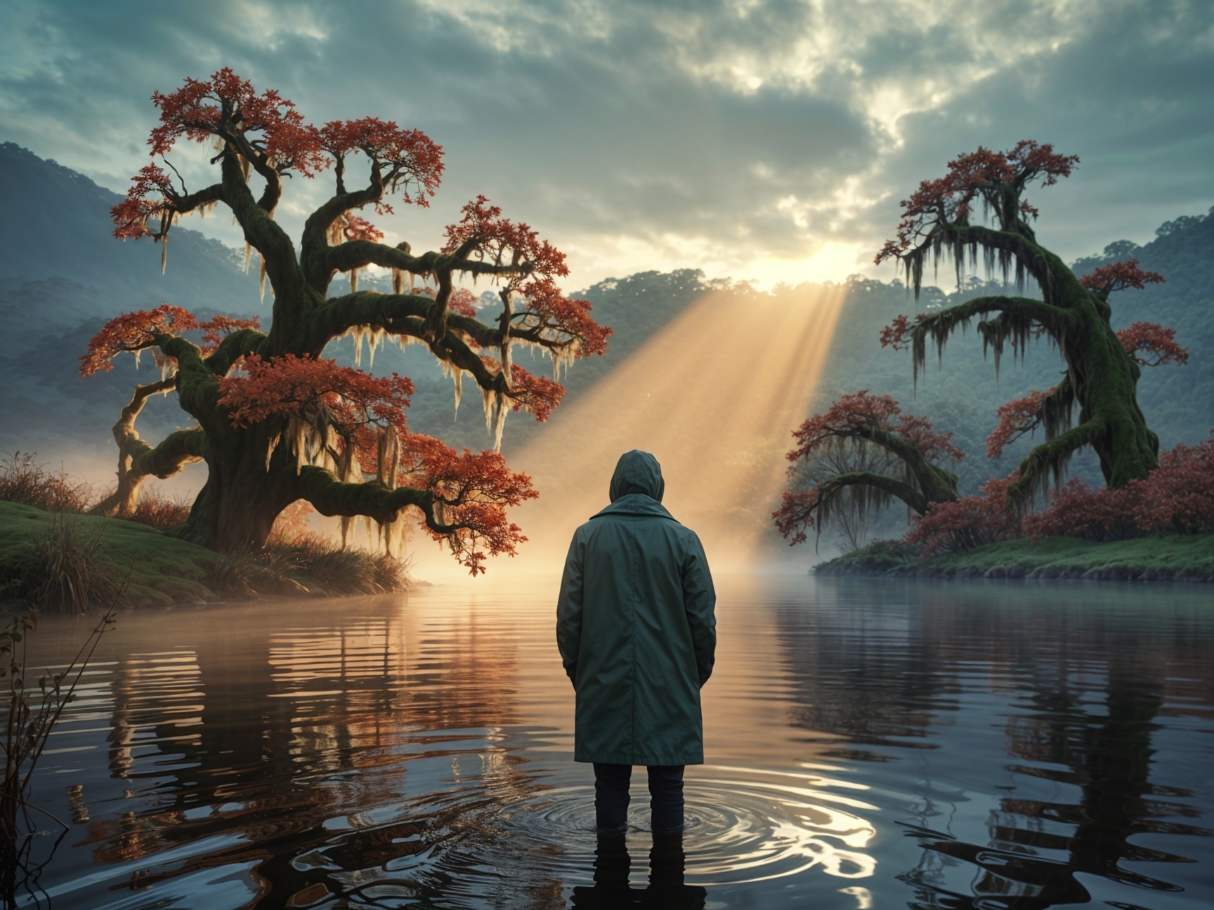 Solitary Figure in Autumn Landscape Reflection