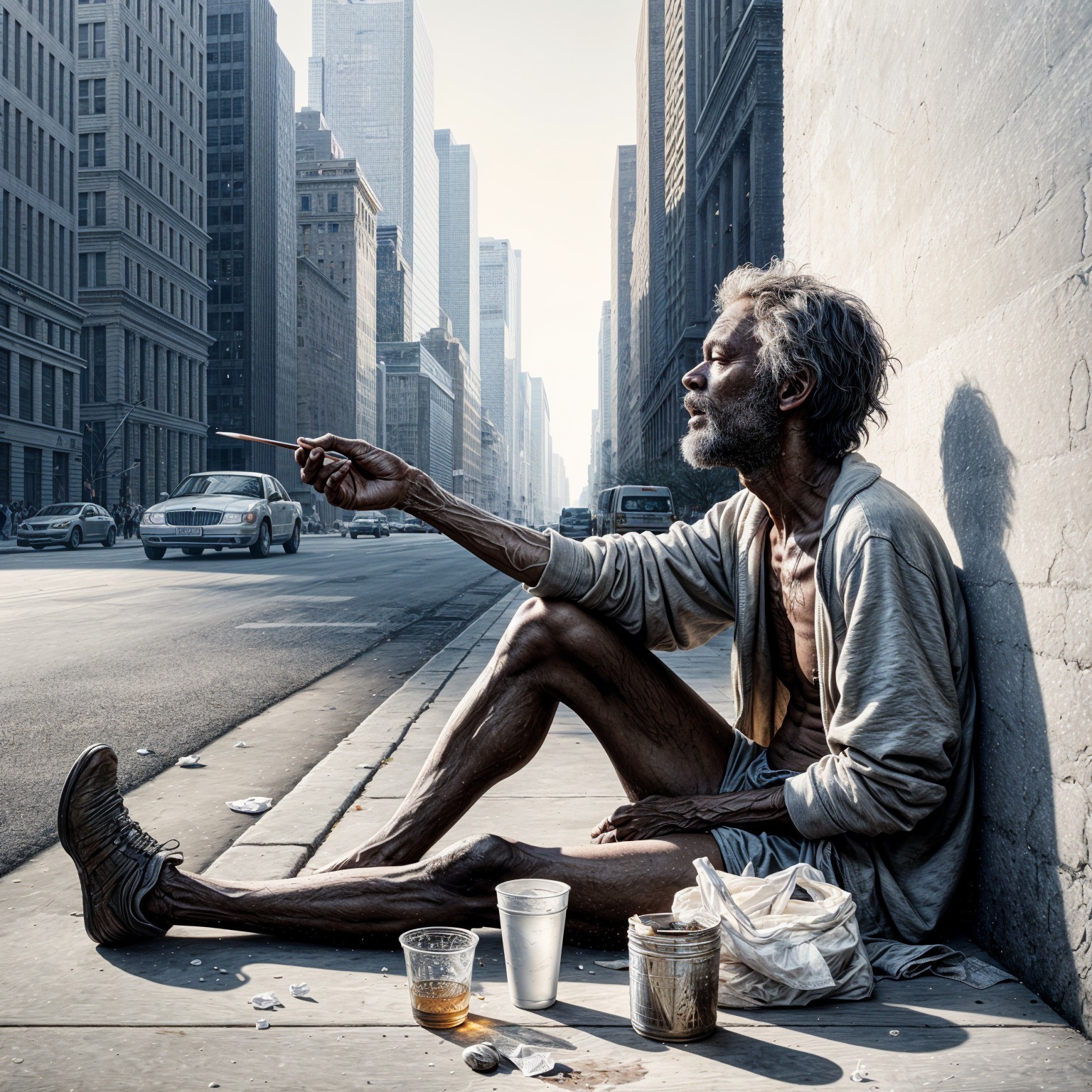 Weathered Man in Tattered Clothes Against City Wall