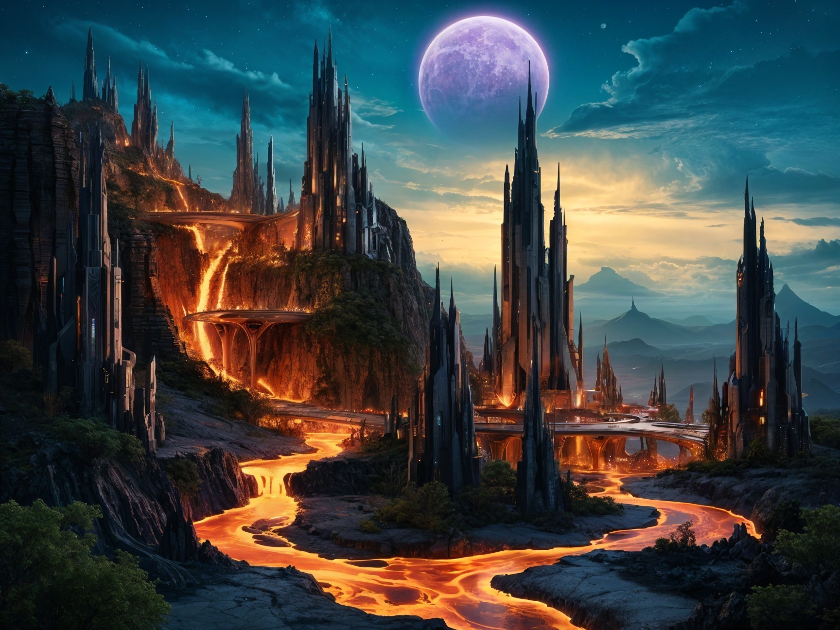 Dramatic Landscape with Jagged Spires and Lava River