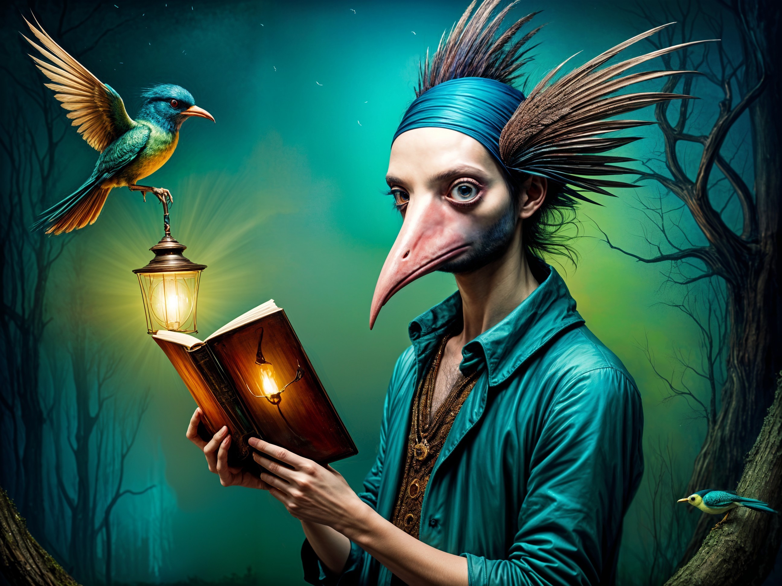 Surreal figure with bird head reading in mystical forest