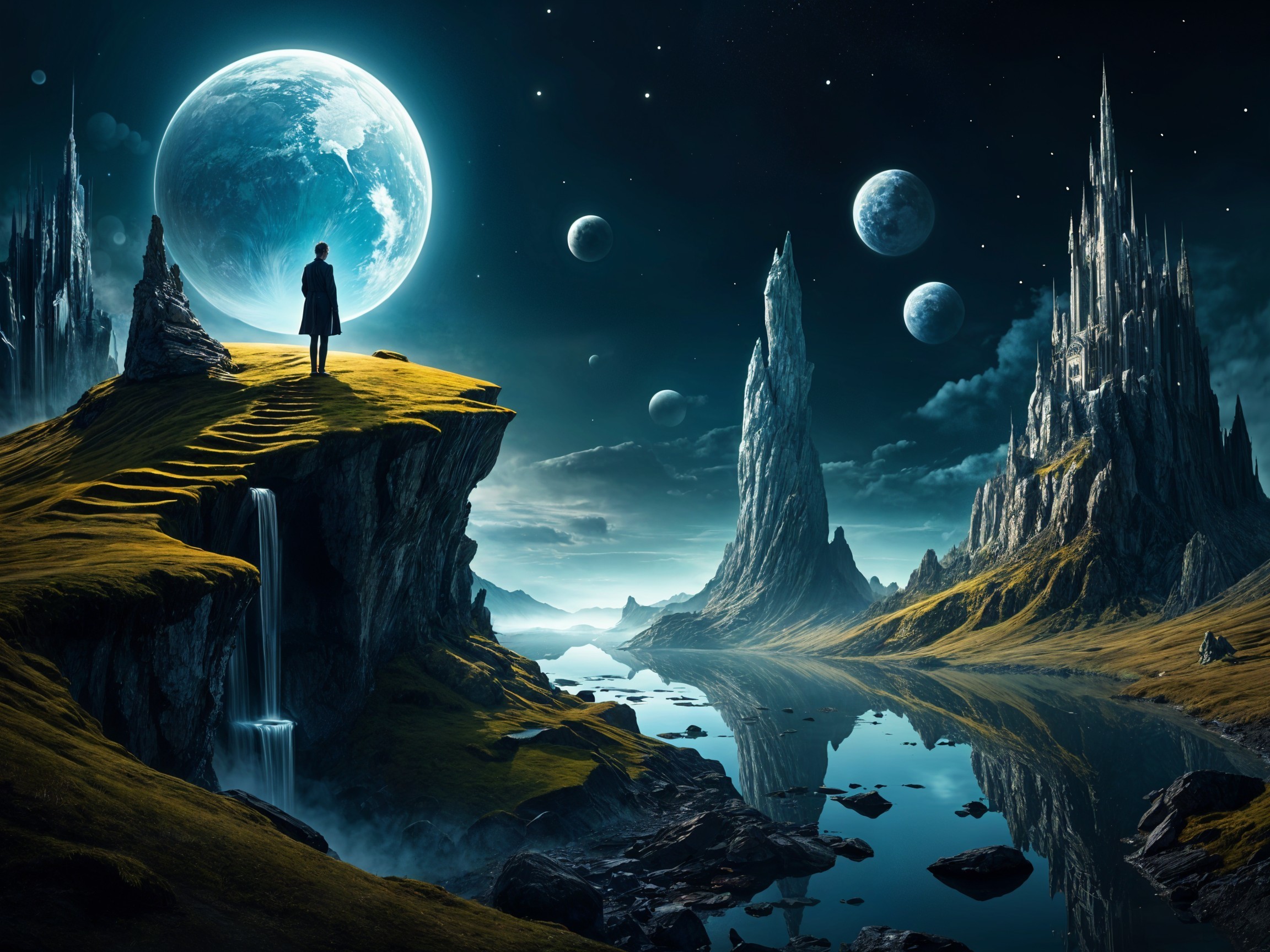 Solitary Figure Overlooking Serene Landscape at Night