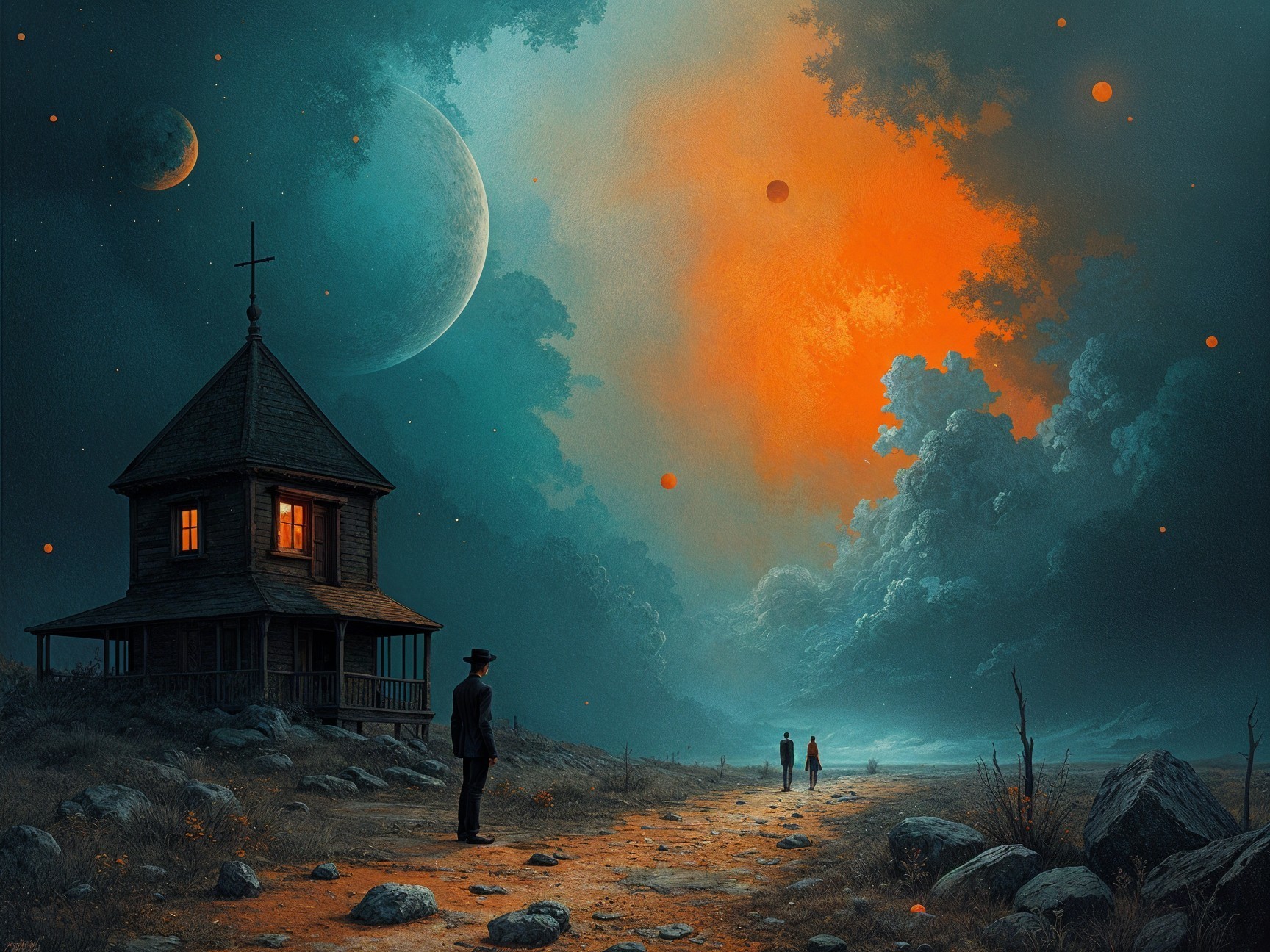 Mysterious Landscape with Wooden House and Celestial Sky