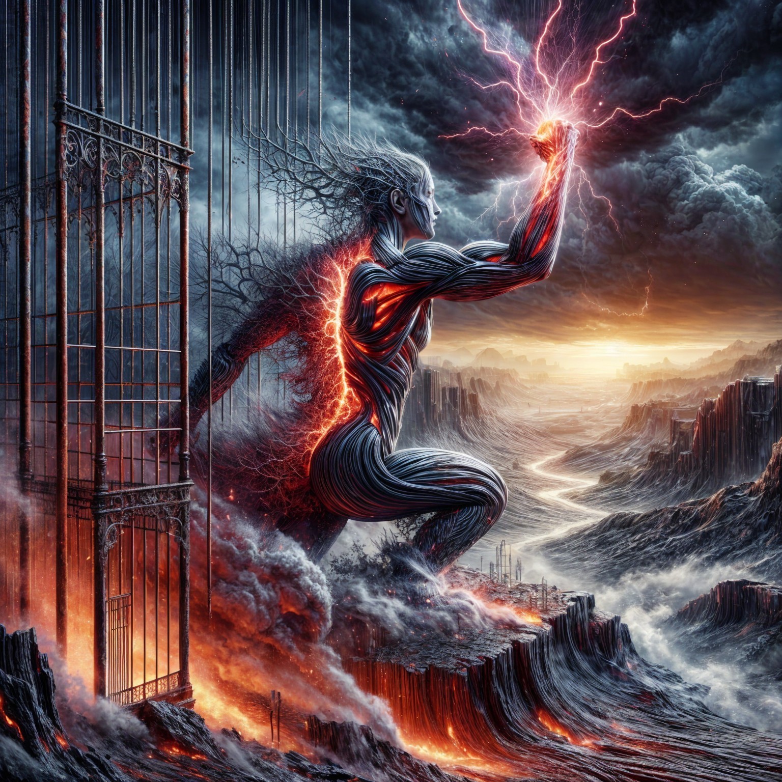 Dynamic Figure Erupting from Shattered Cage Amidst Lava