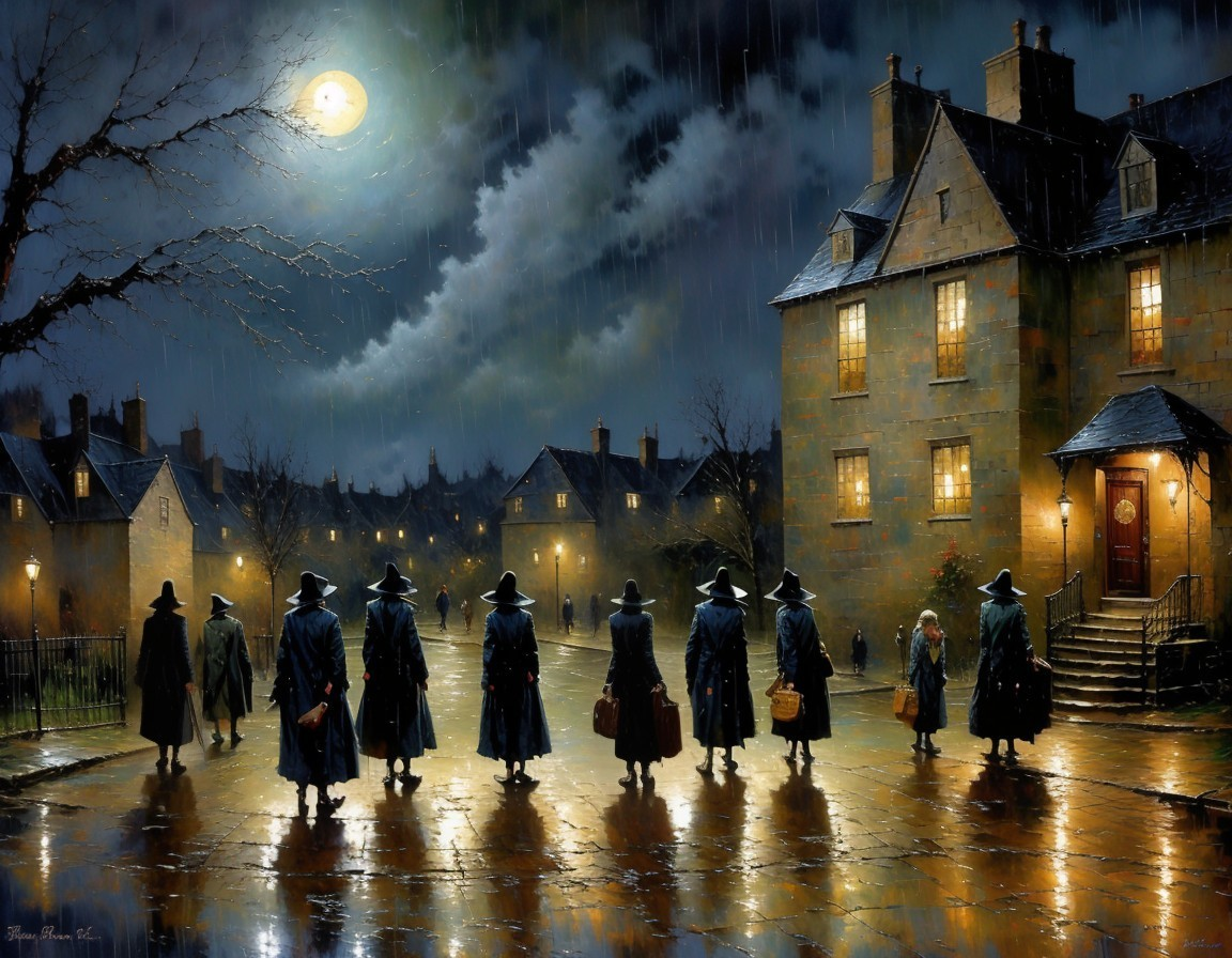 Figures in Long Coats Walking on Rainy Night Street