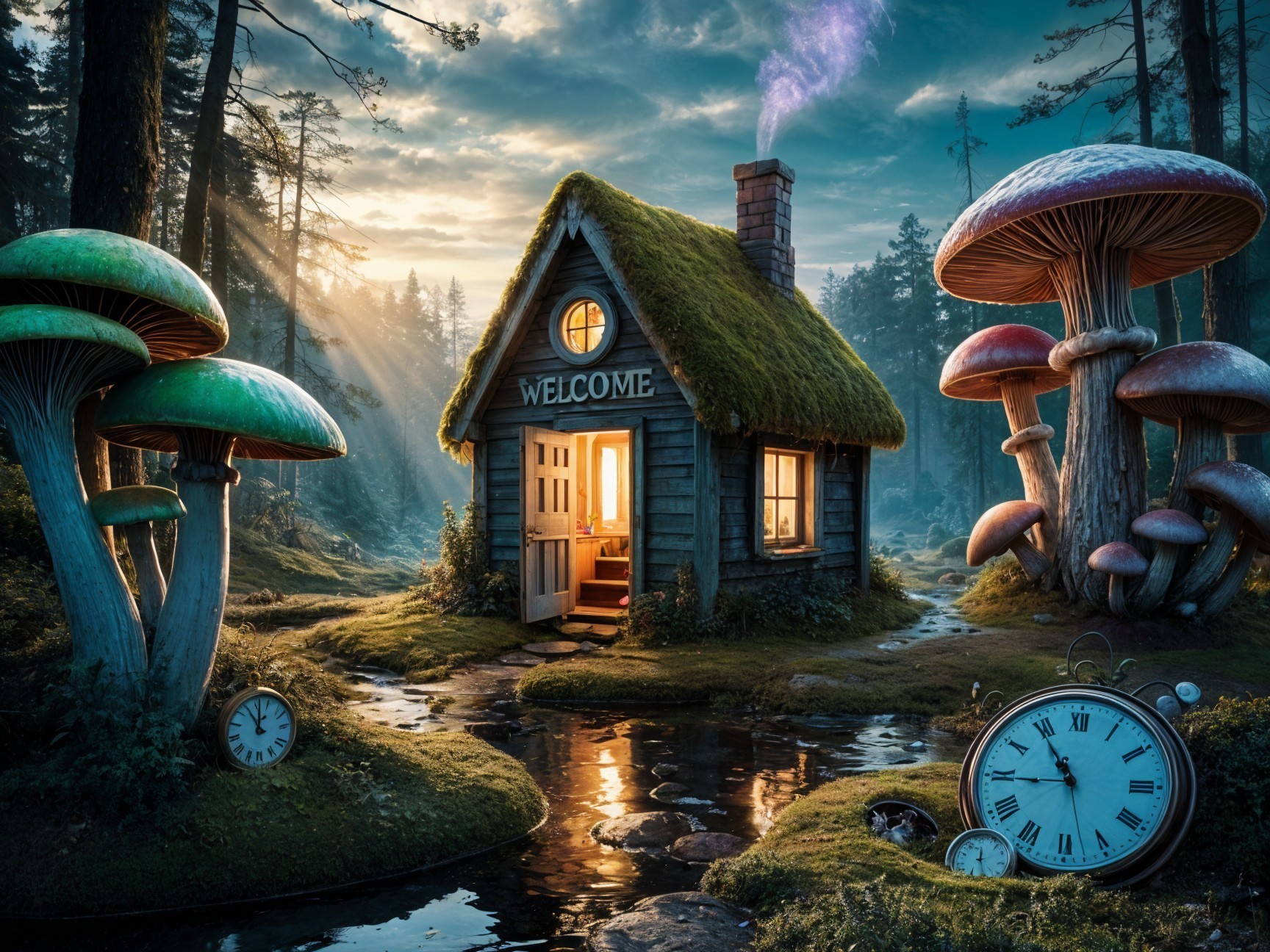 Whimsical Cottage in a Forest with Colorful Mushrooms