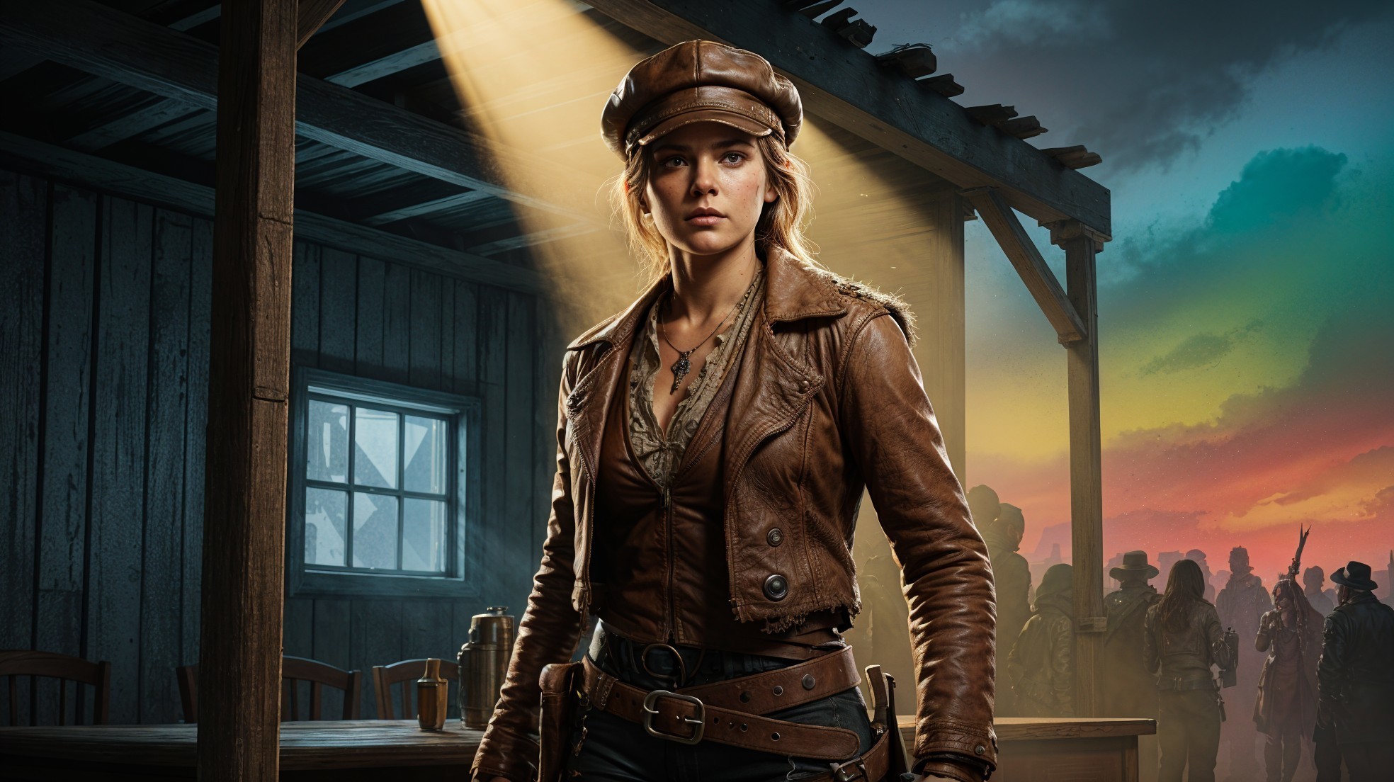 Confident Woman in Leather Jacket in Wild West Setting