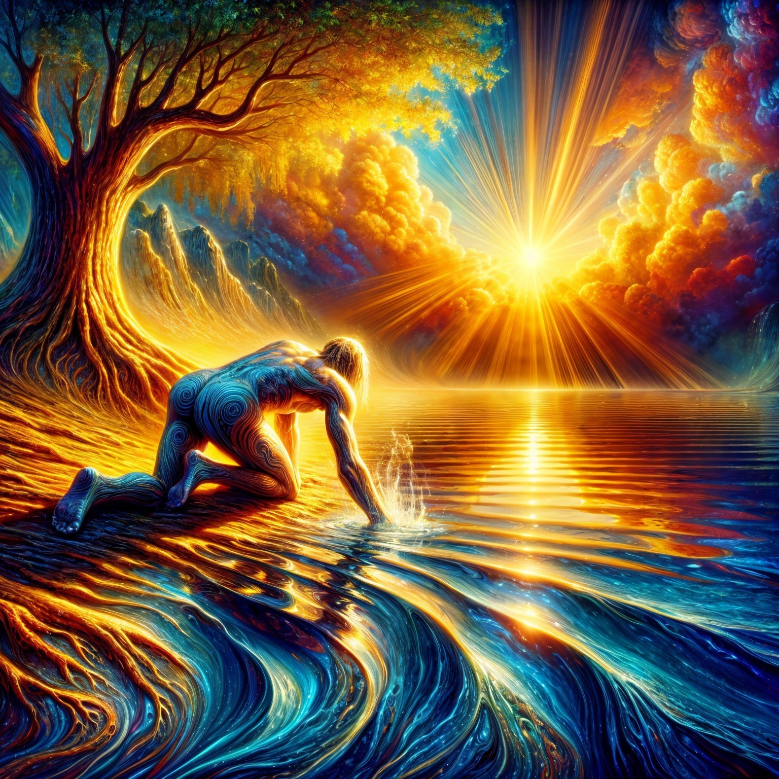 Surreal Landscape with Kneeling Figure and Vibrant Colors