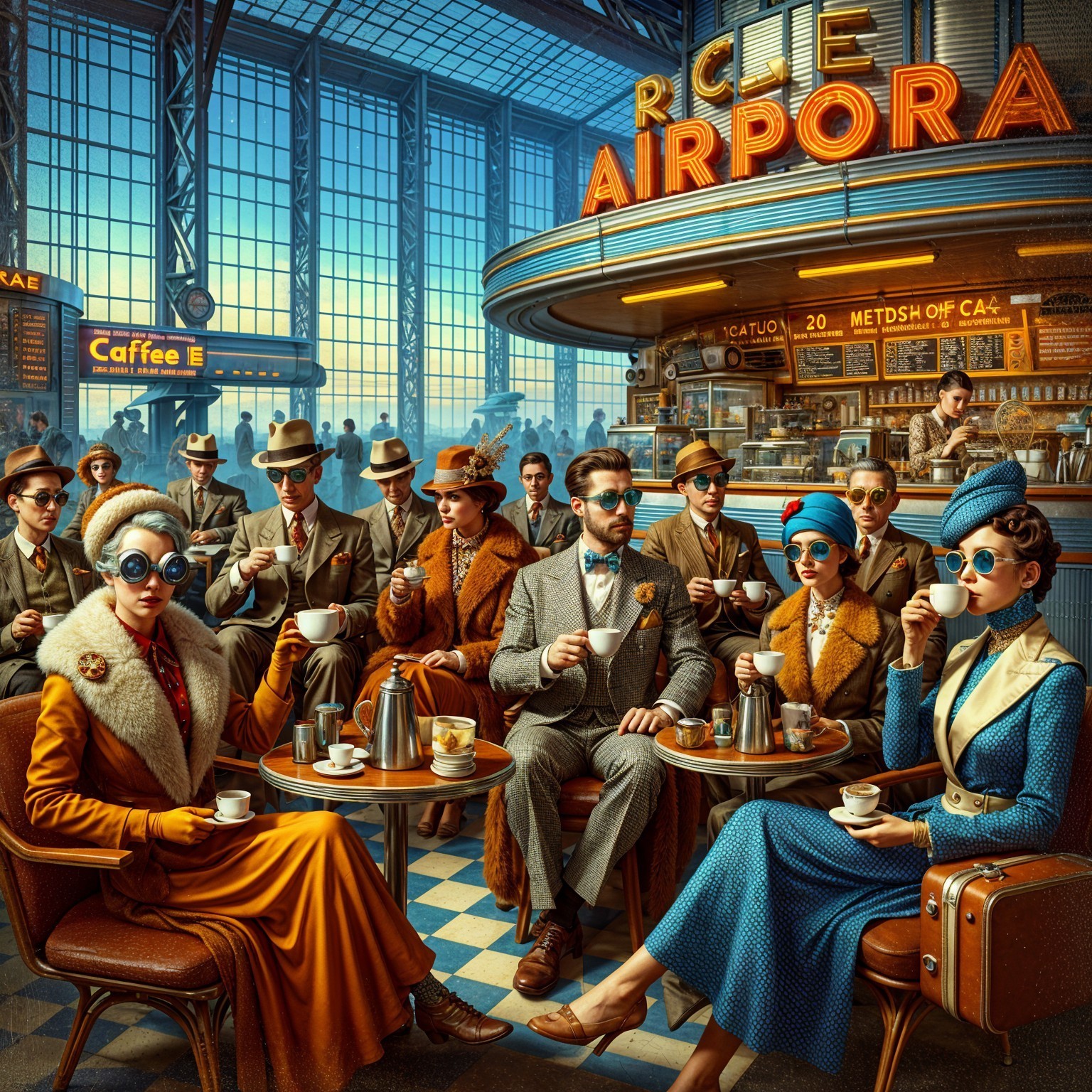 1920s Vintage Airport Café with Stylish Patrons