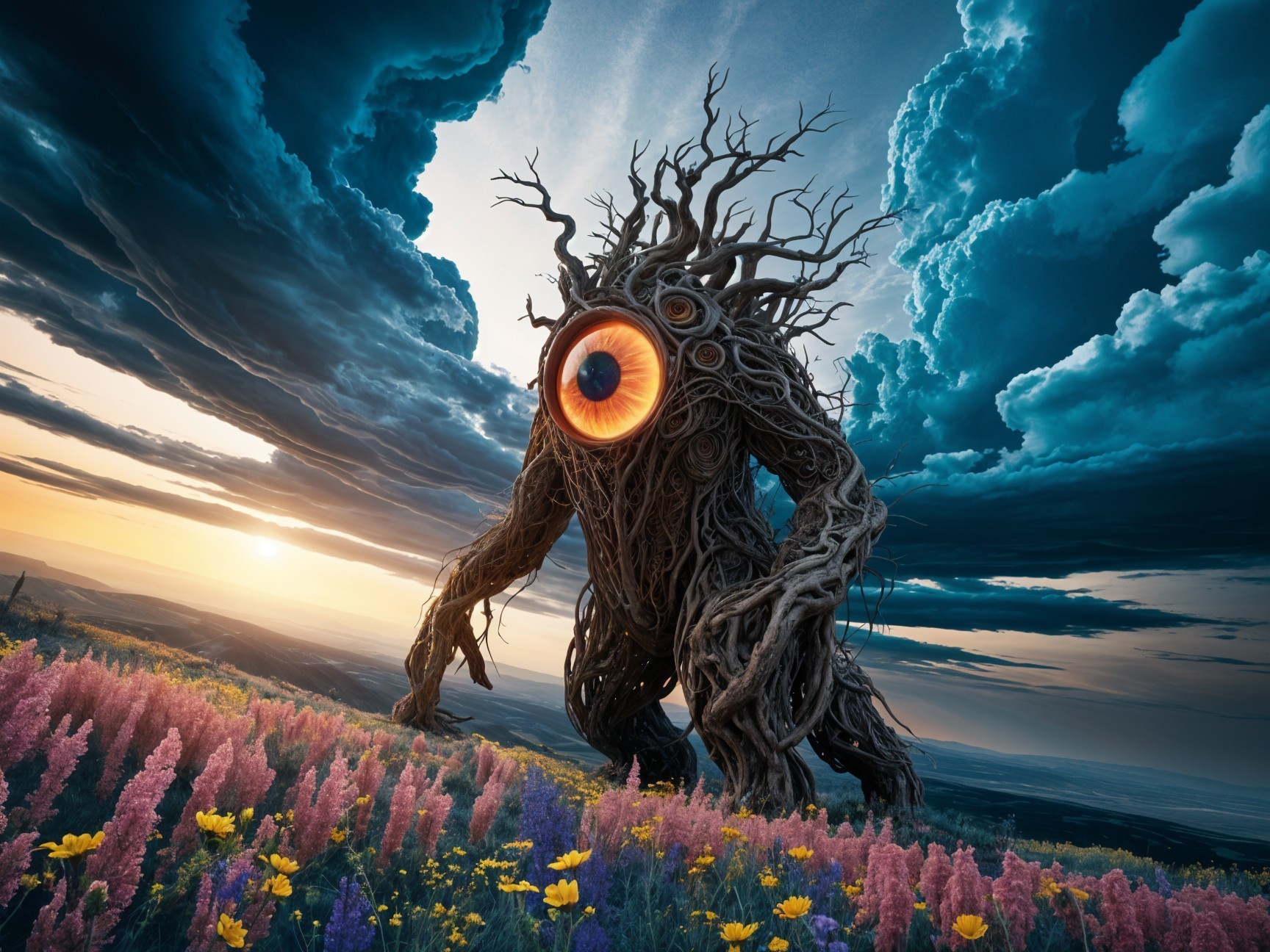 Colossal Creature Among Vibrant Wildflowers at Sunset