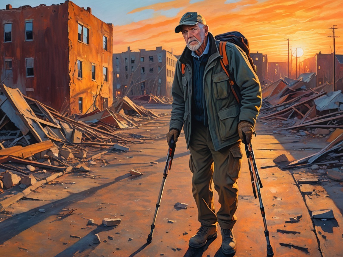 Elderly Man in Post-Apocalyptic City at Sunset