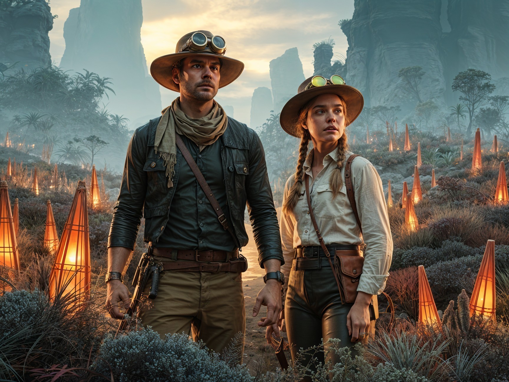 Explorers in a mystical landscape with glowing lanterns