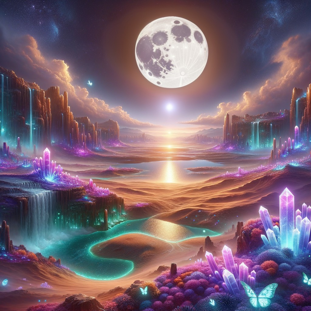 Fantasy Landscape with Glowing Moon and Waterfalls