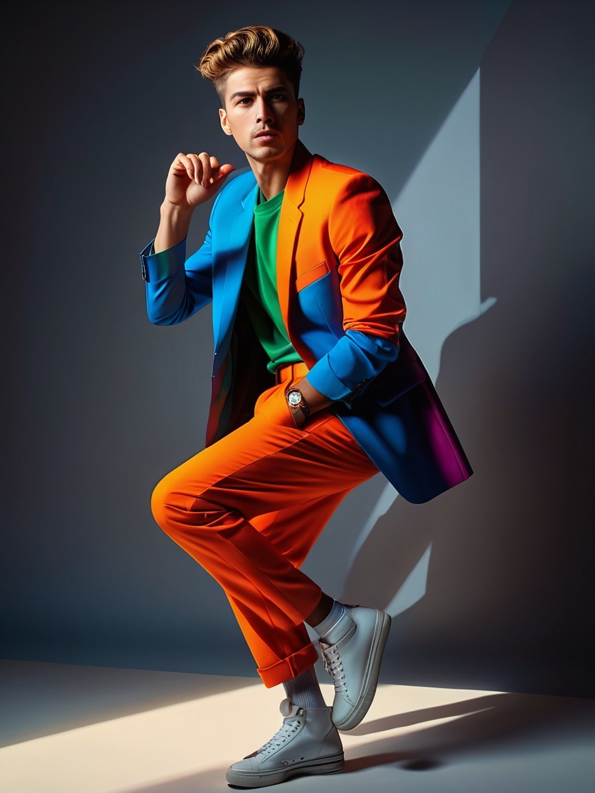 Stylish Male Model in Vibrant Suit and Sneakers