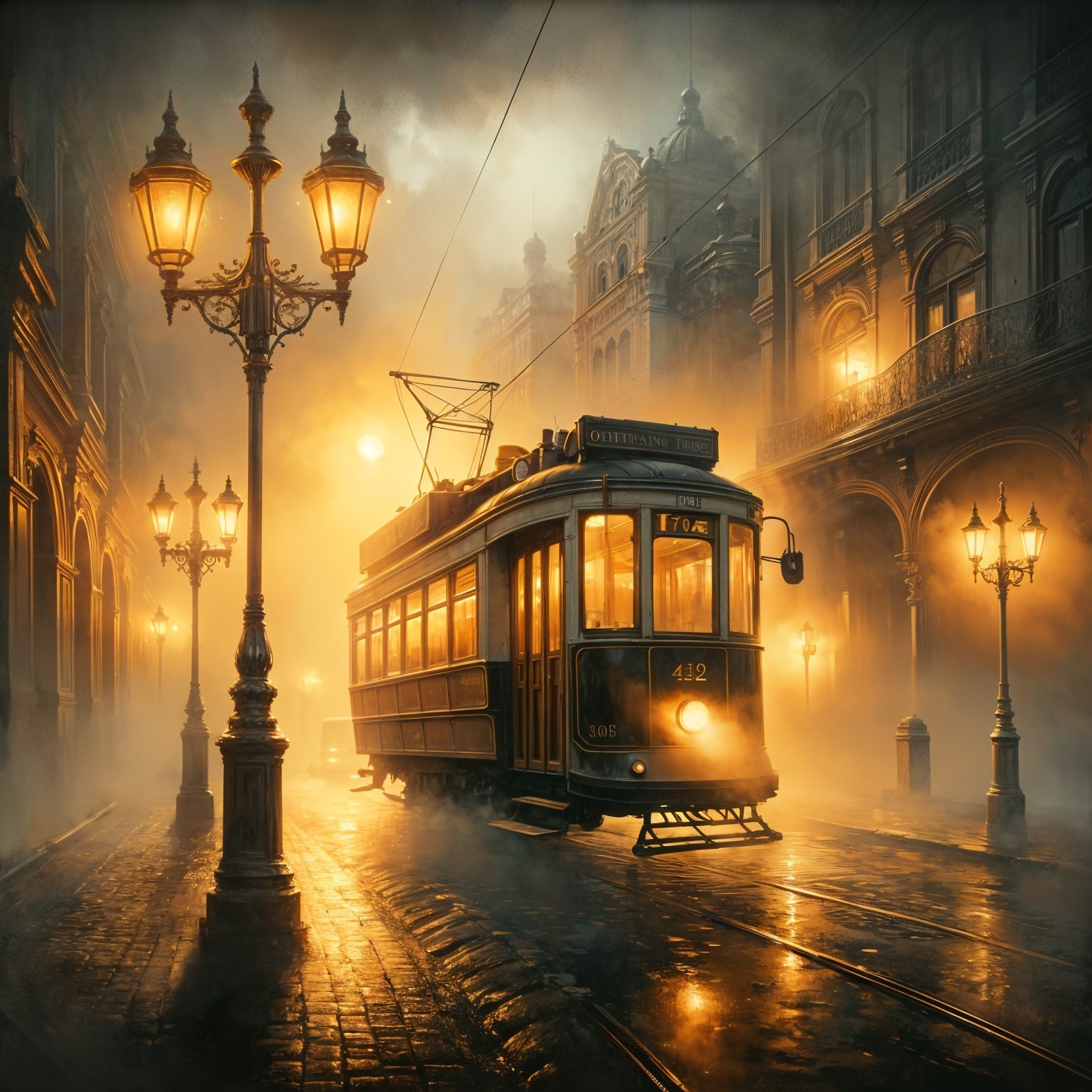 Vintage tram in a foggy, atmospheric street scene