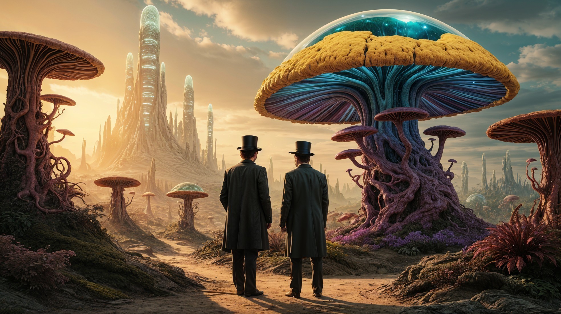Surreal Landscape with Figures and Vibrant Mushrooms