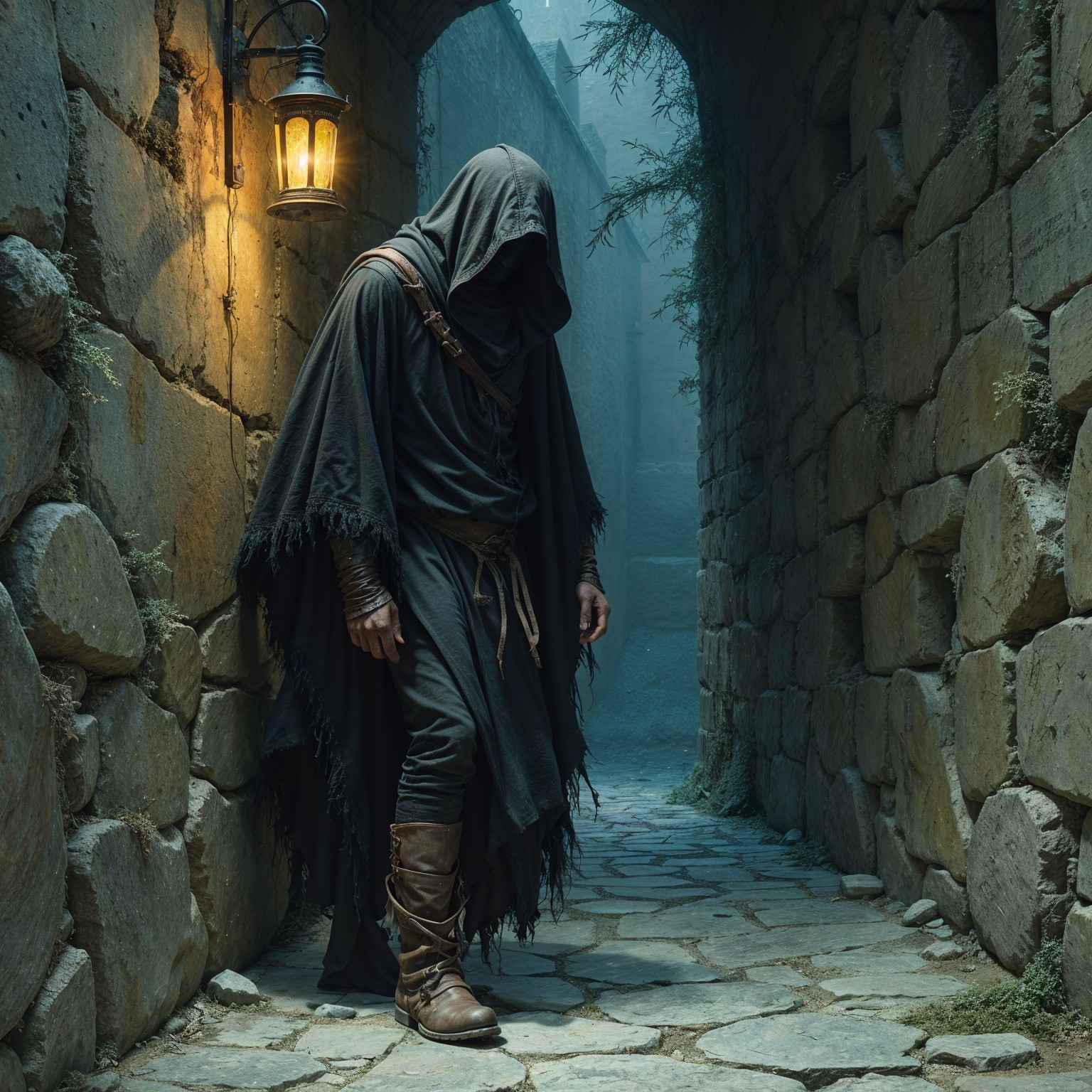 Cloaked Figure in Dimly Lit Medieval Alleyway
