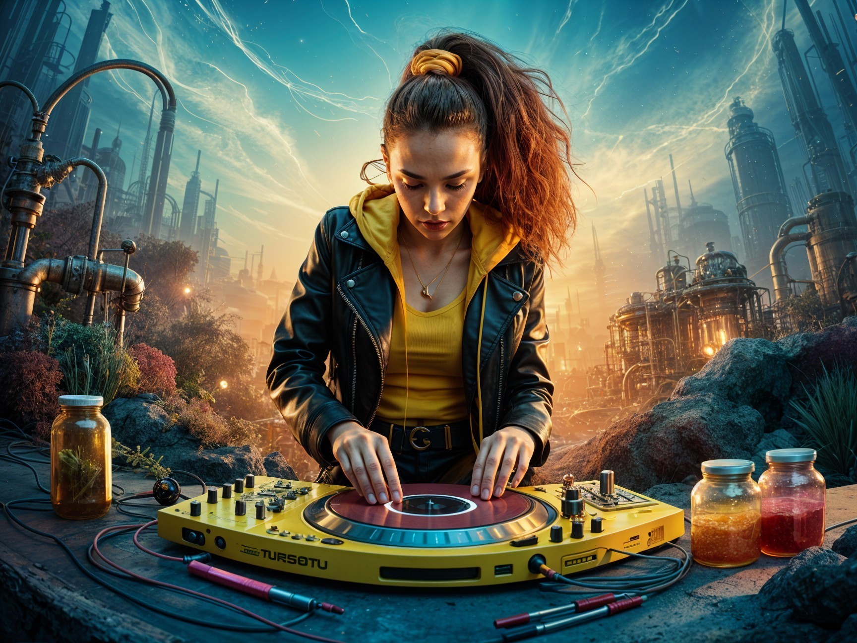 Young woman with DJ turntable in industrial setting