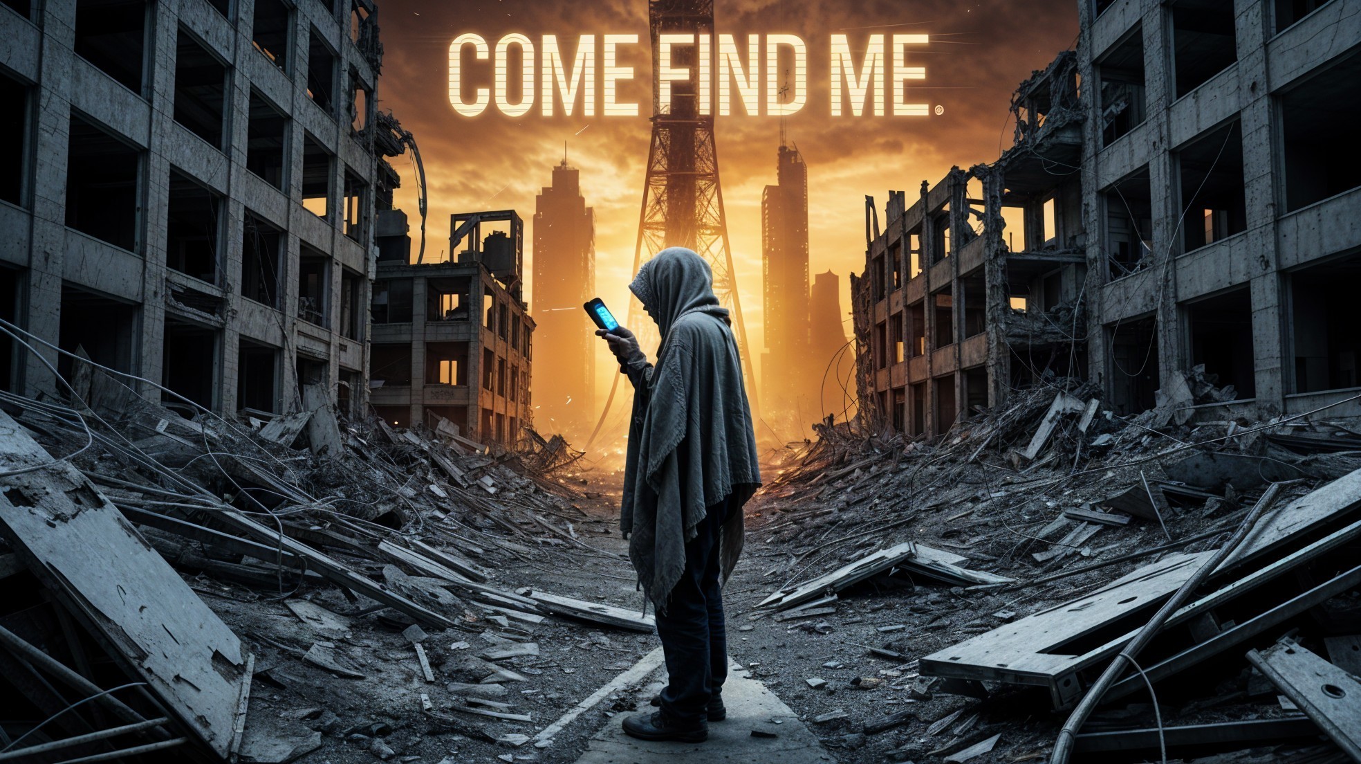 Post-Apocalyptic Figure in Crumbling City at Sunset