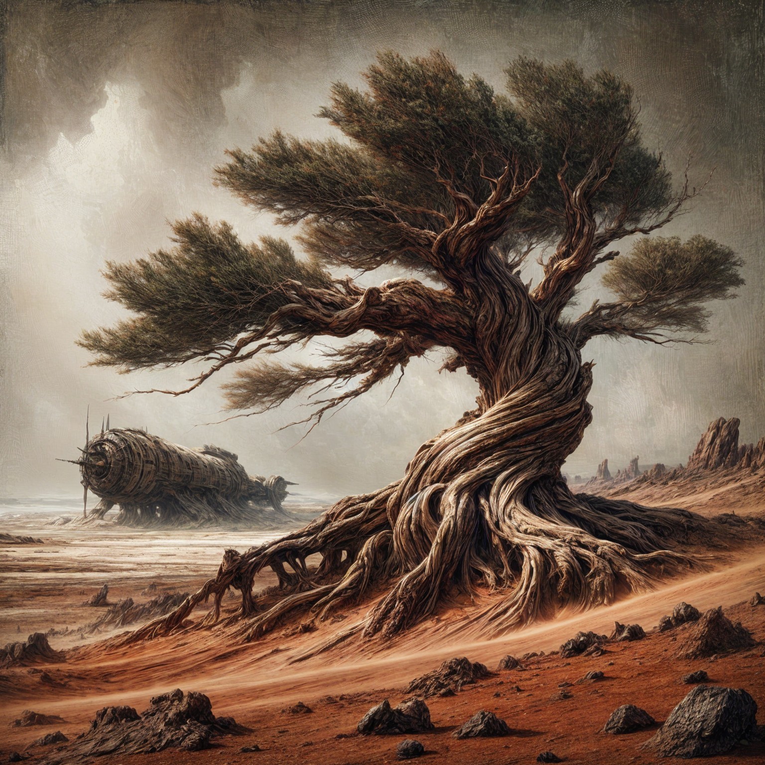 Ancient Tree and Ship in a Desolate Landscape