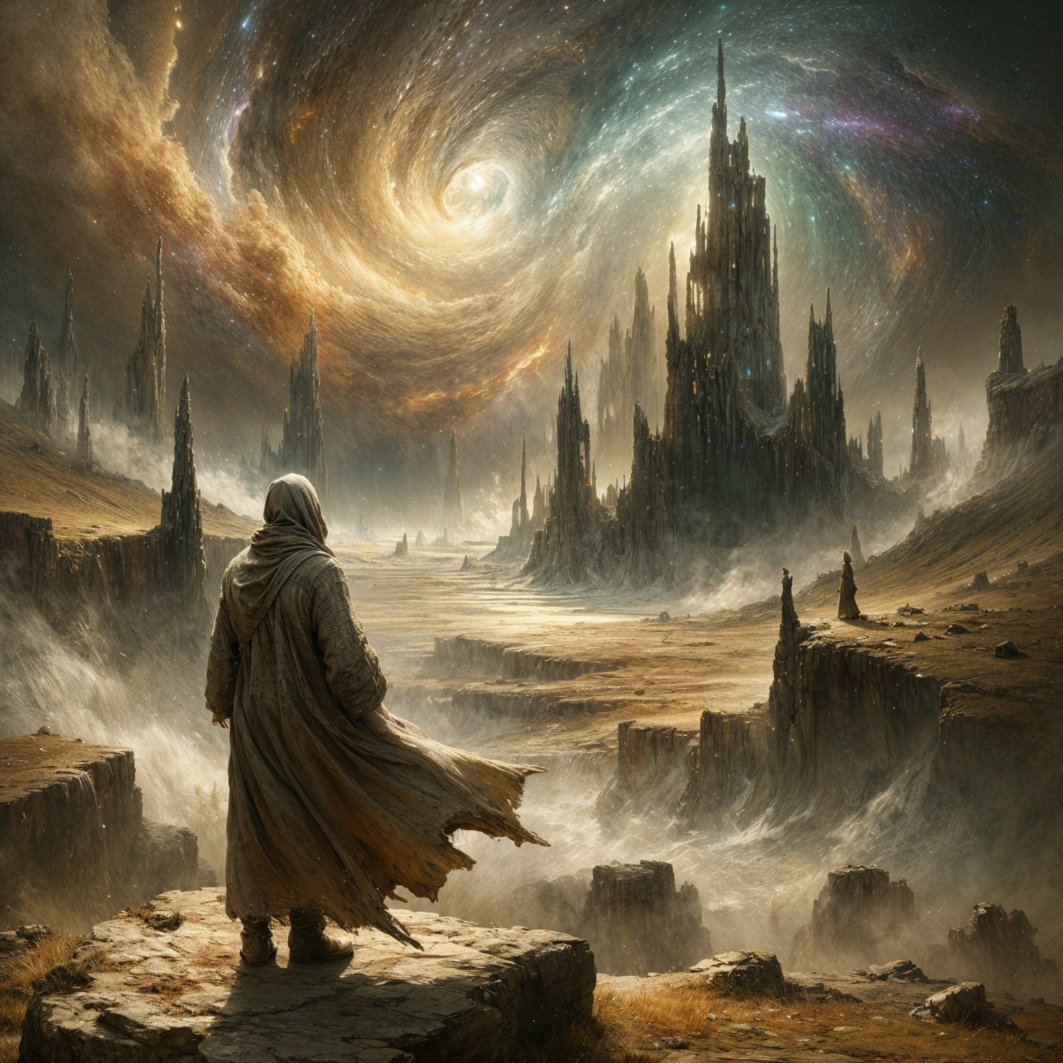 Cloaked Figure Overlooks Galaxy and Crystal Landscape