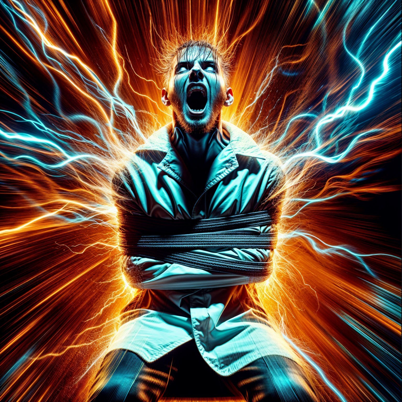 Dramatic Scene of a Bound Man Amidst Energy Bursts