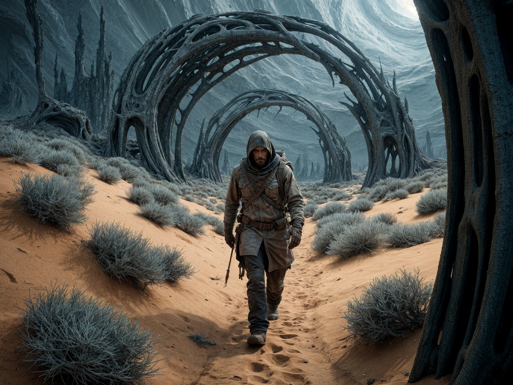 Hooded Figure in Surreal Desert Landscape with Structures