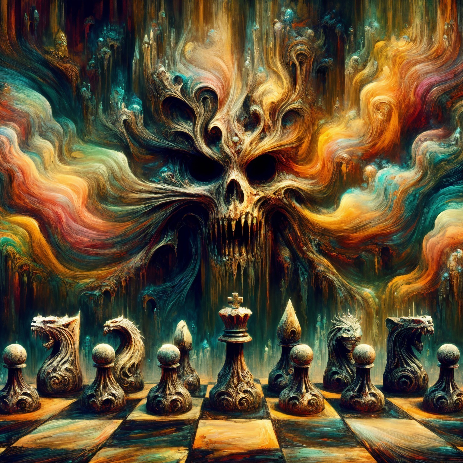 Surreal Chessboard with Intricate Pieces and Skull Backdrop