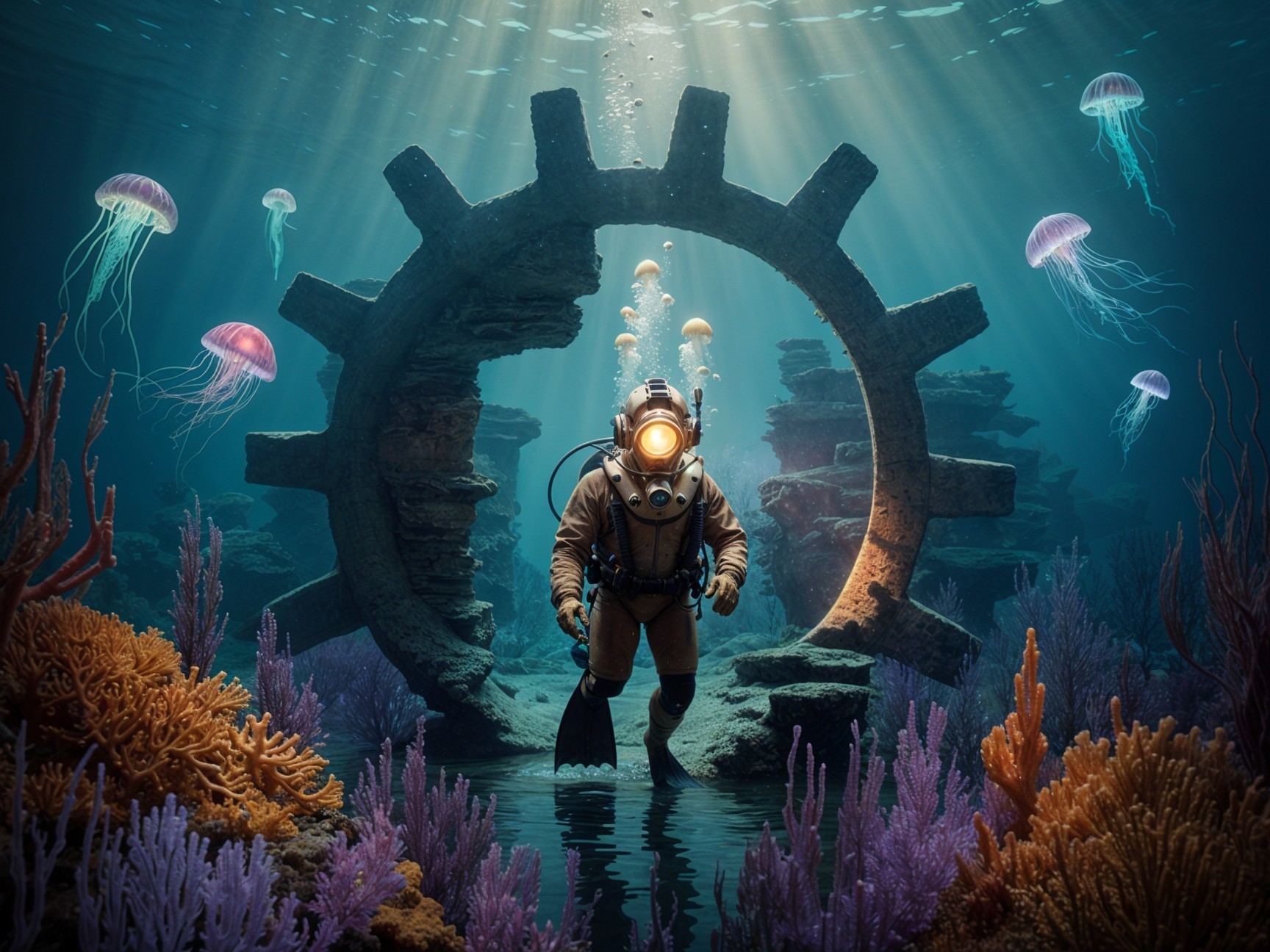 Vintage Deep-Sea Diver Explores Coral Reefs and Jellyfish