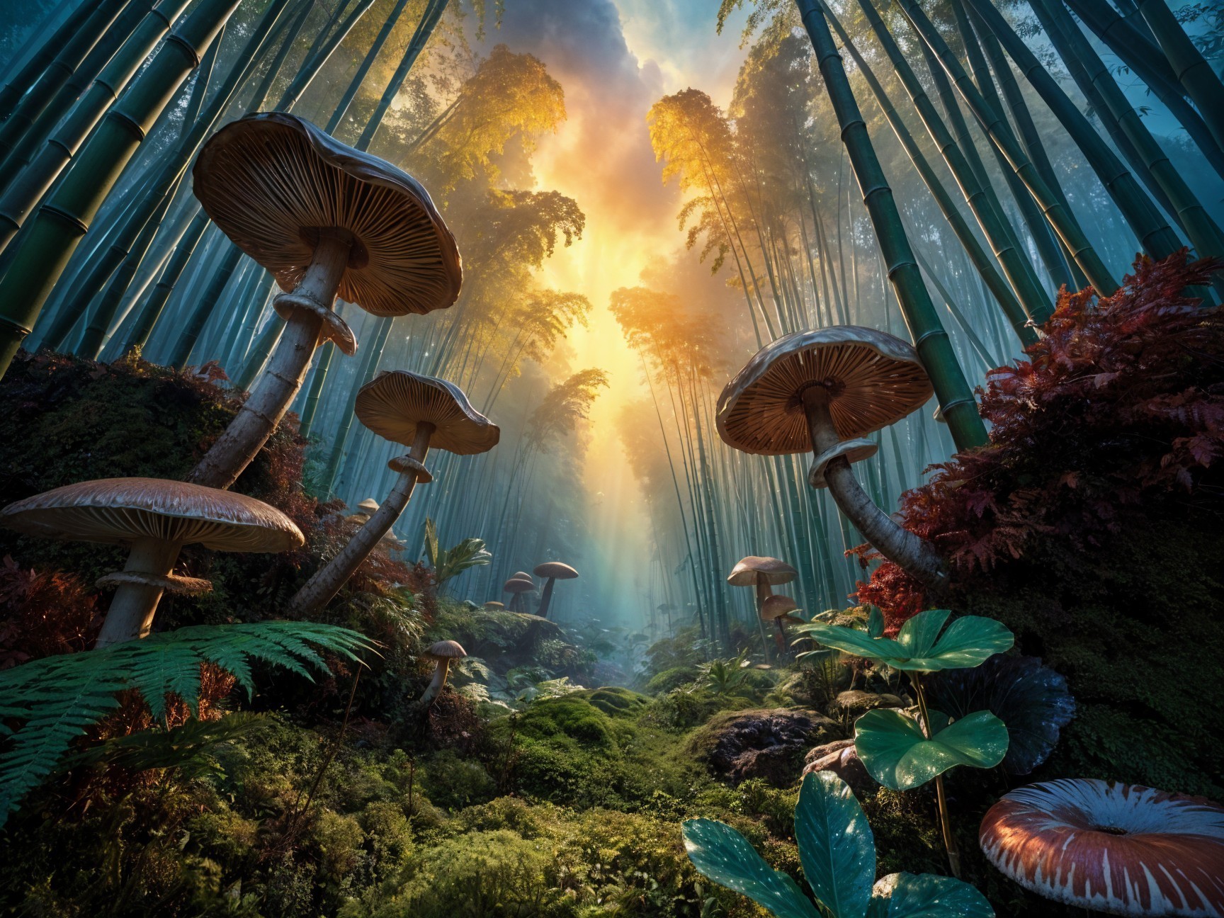 Bamboo Forest with Light, Foliage, and Mushrooms