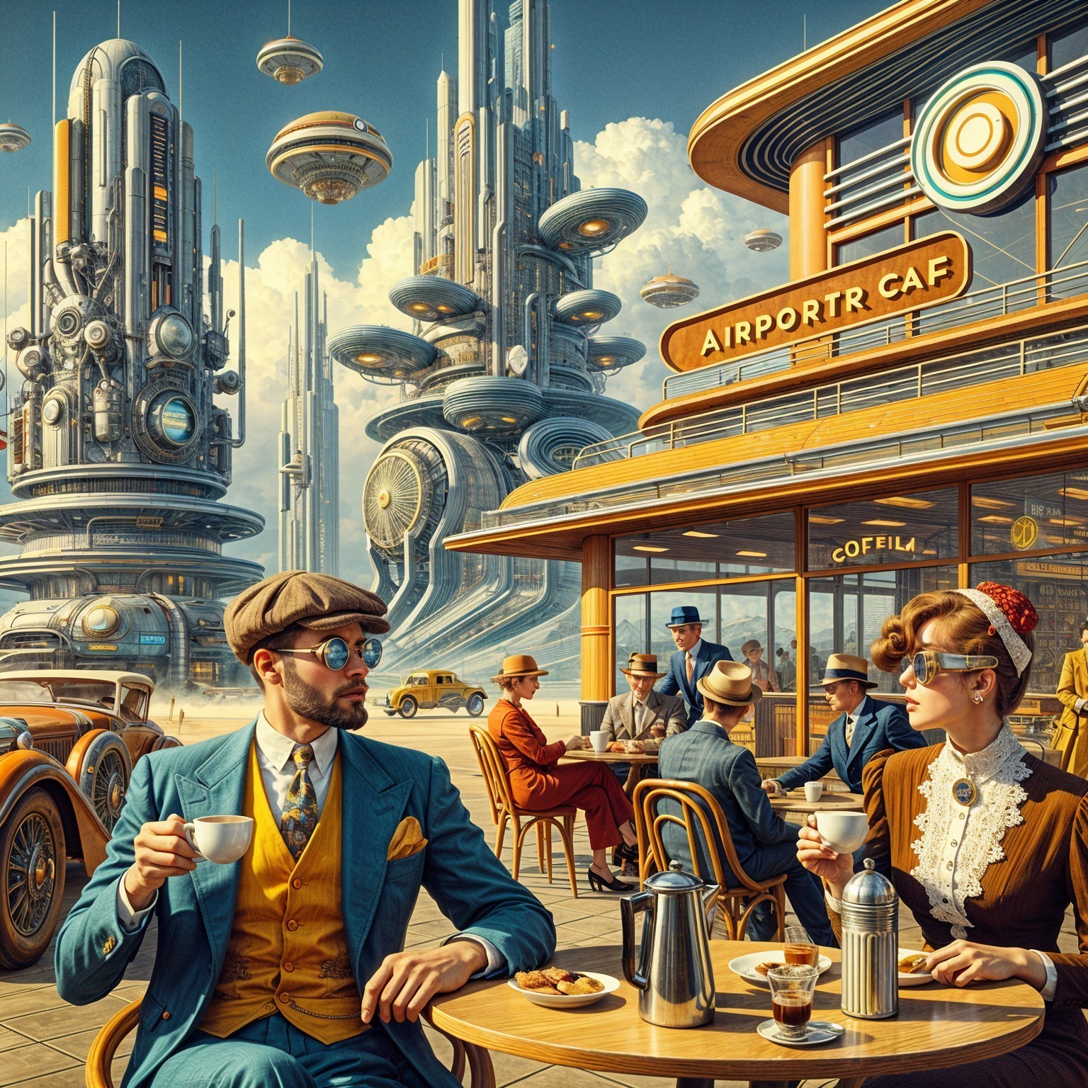 Futuristic Cafe with Elegant Patrons and Architecture