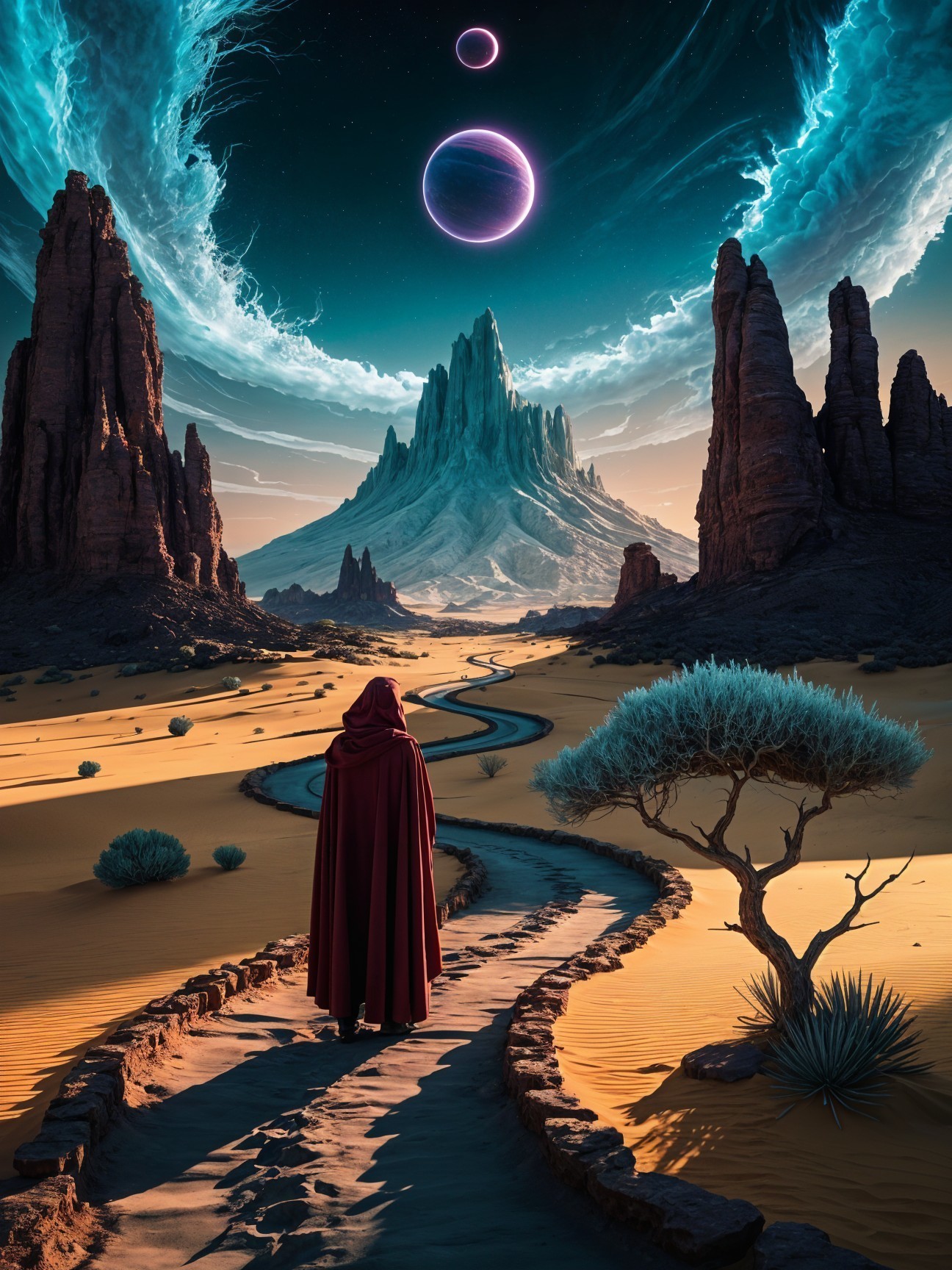 Cloaked Figure on Desert Path with Dramatic Sky