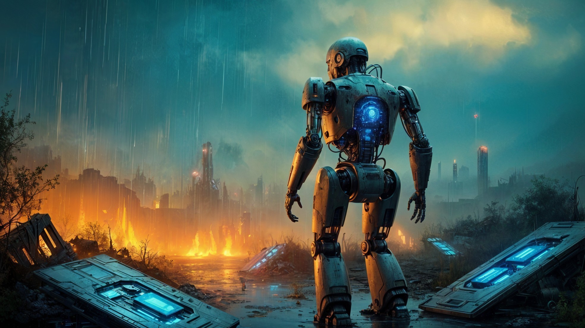 Robot in a desolate post-apocalyptic landscape