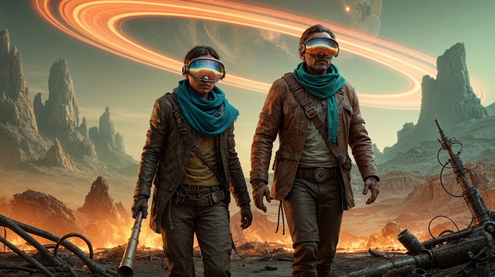 Explorers in Futuristic Attire in Alien Landscape