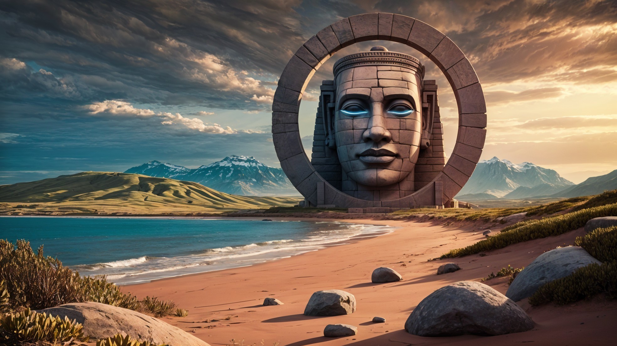 Colossal Stone Face Sculpture on Tranquil Beach