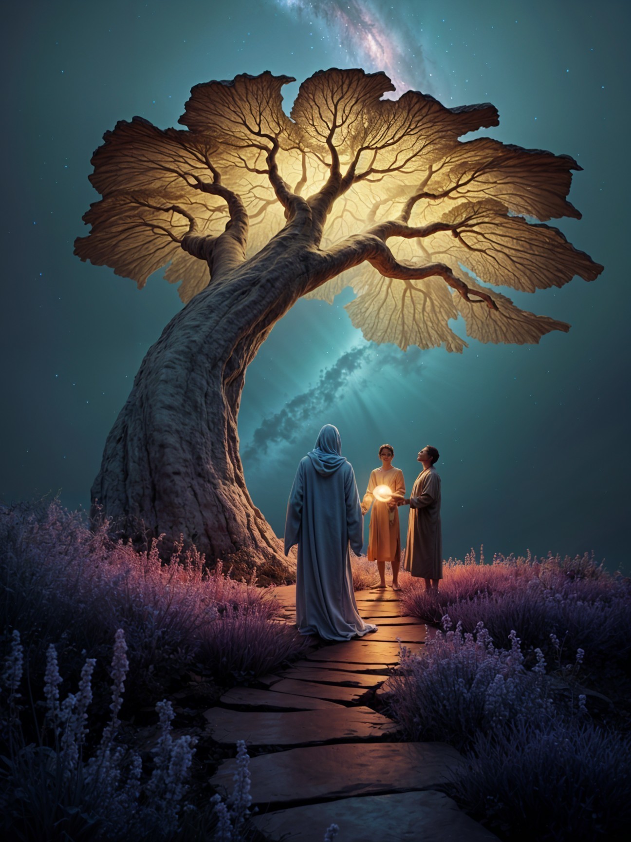 Majestic luminous tree under a starry night sky