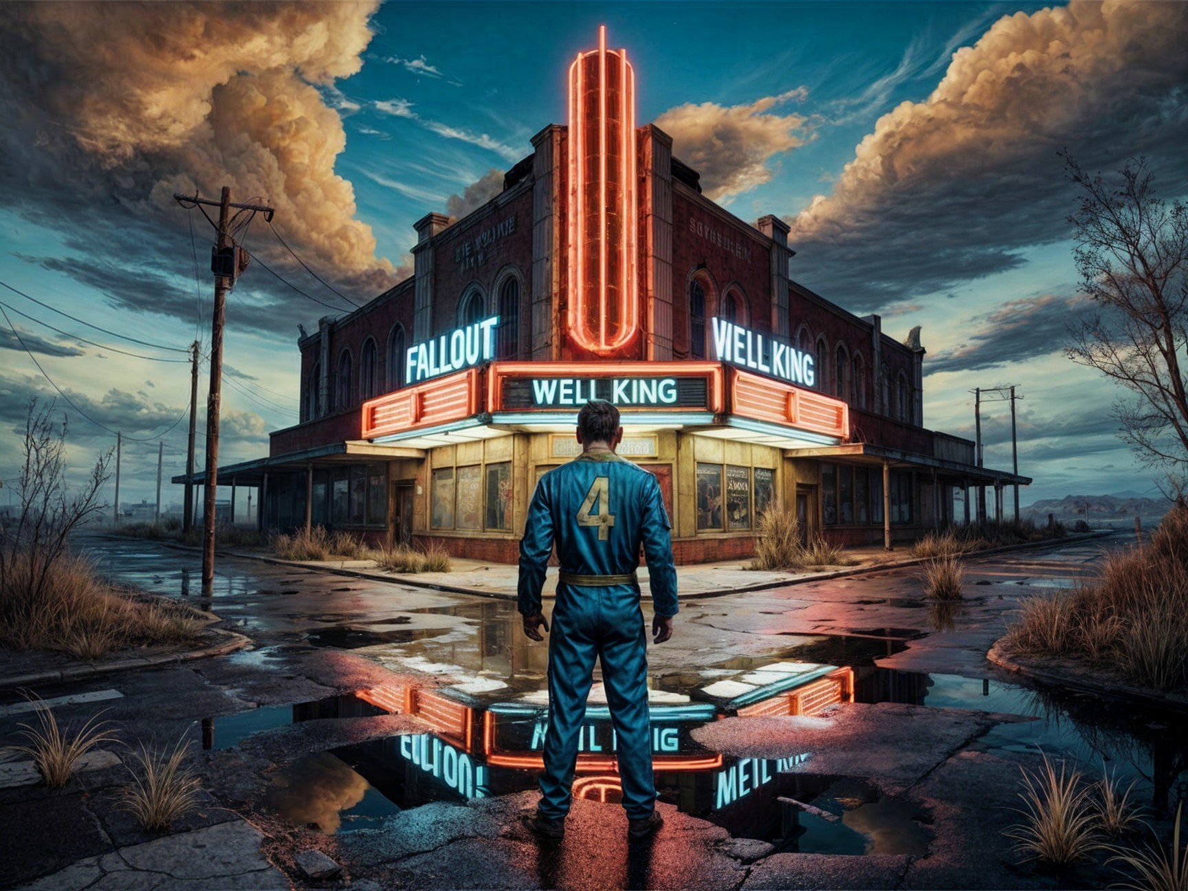Lone Figure at Neon-Lit Diner in Post-Apocalyptic Setting